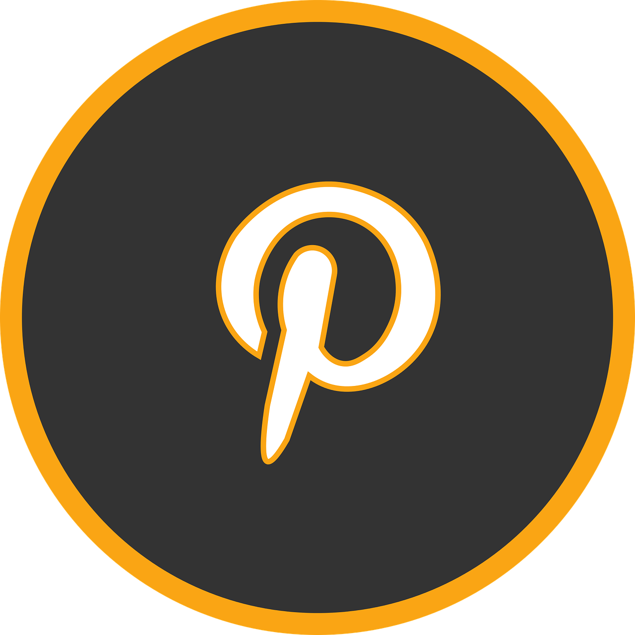 Pinterest 標誌圖標 壁紙 — 一個極簡標誌，白色字母P帶橙色輪廓，居中在帶橙色邊框的深灰色圓形內。