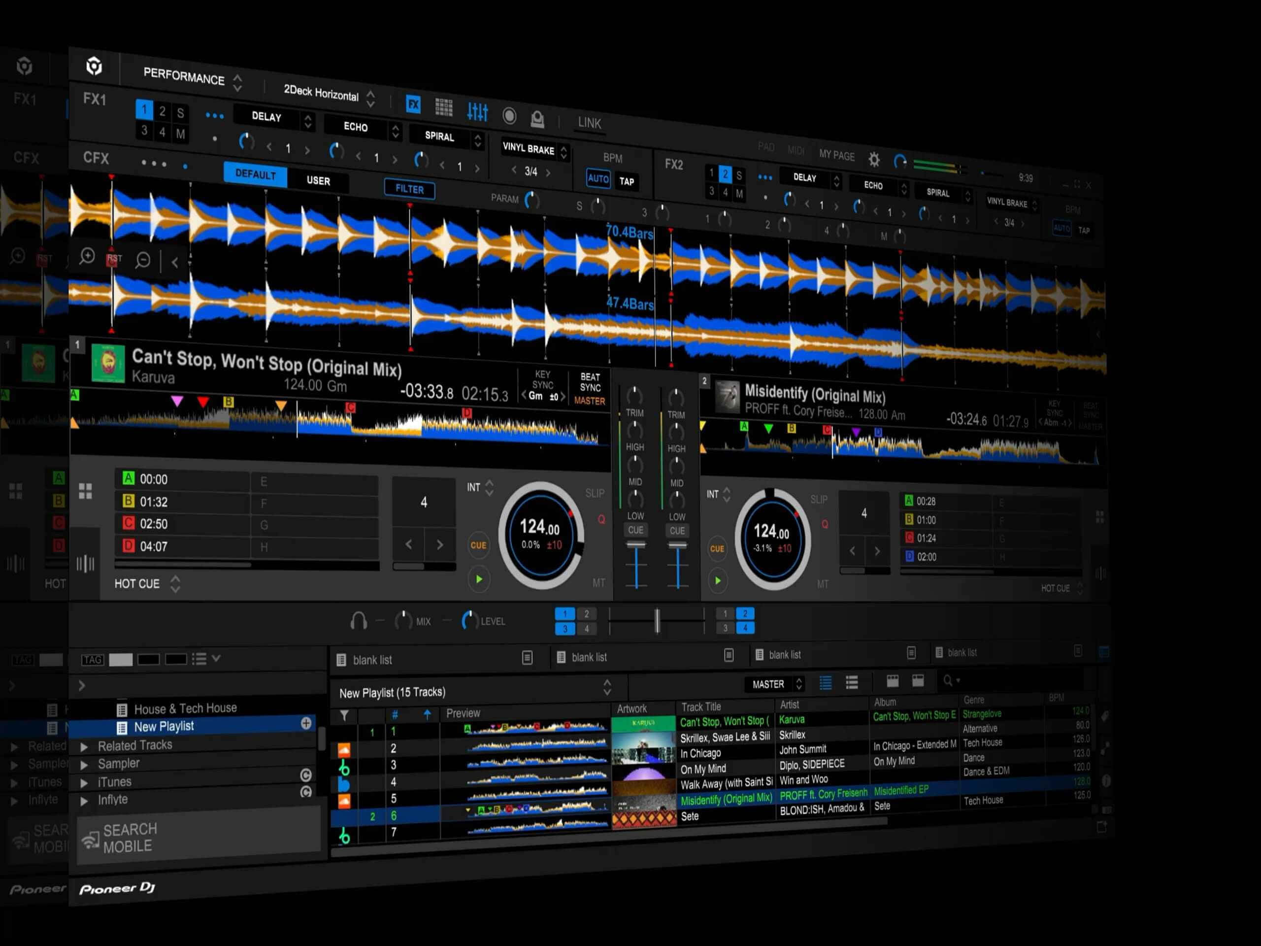 DJ 桌布 壁紙 — Pioneer DJ 軟件介面特寫，在深色背景上呈現發光的藍色和橙色波形及曲目詳細資訊。