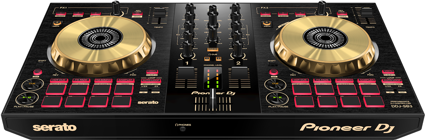 Pioneer DJ控制器DDJ-SB3 壁紙 — 專業DJ控制器，配備金色唱盤和發光粉紅色按鈕，黑色背景。