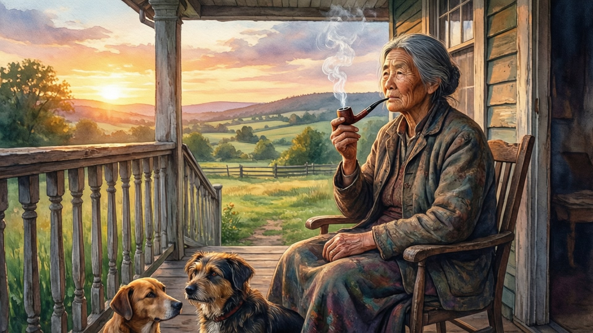 Pipe and Porch 壁紙 — 一位老婦人在木製門廊上抽煙斗，兩隻狗坐在她旁邊，看著金色夕陽落在起伏的山丘上。