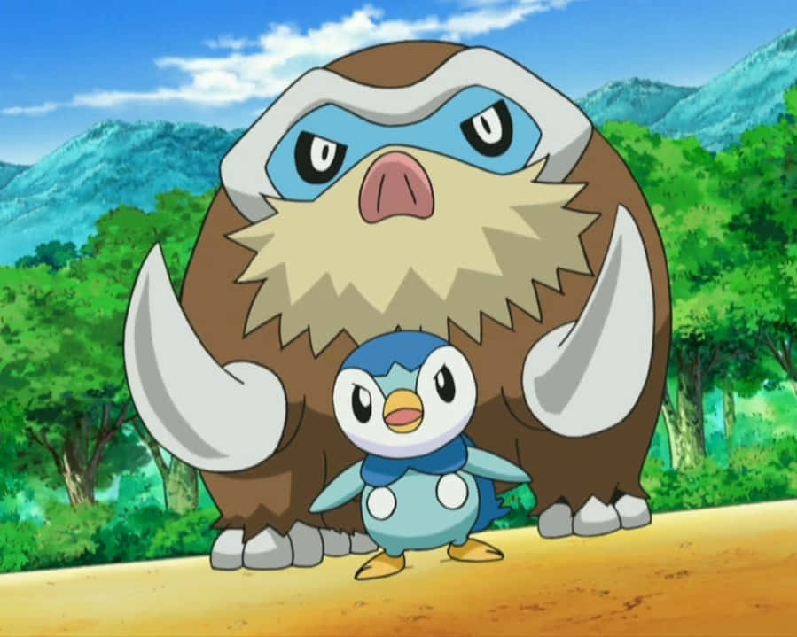 Piplup 站於 Mamoswine 前方 壁紙 — 一隻大型啡白色有象牙的寶可夢保護性地站在一隻藍色企鵝狀的小寶可夢旁邊，在陽光明媚的森林空地中。