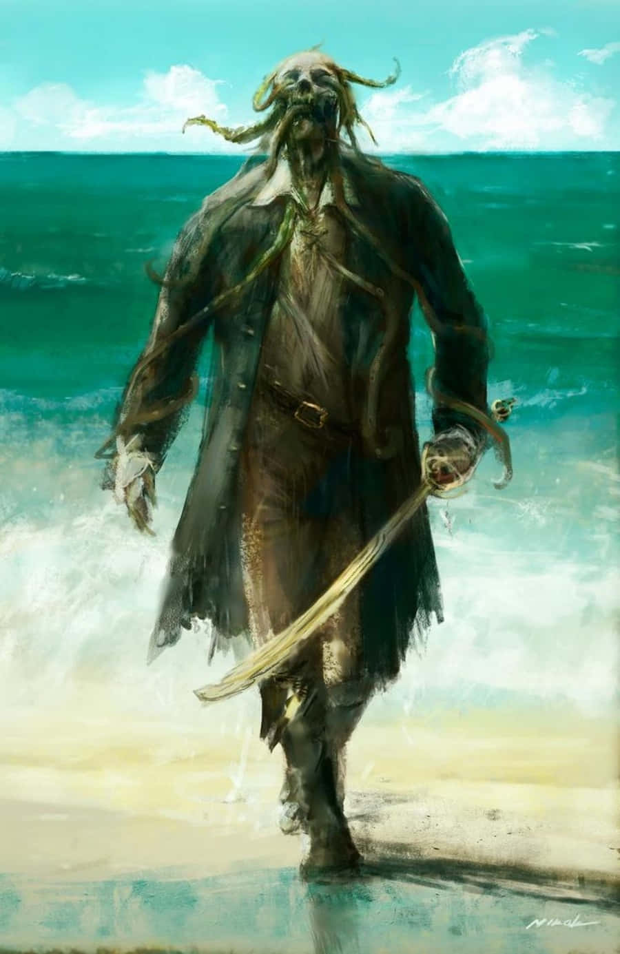 骷髏海盜頭髮像海藻，手持劍在海洋波浪中涉水而行。