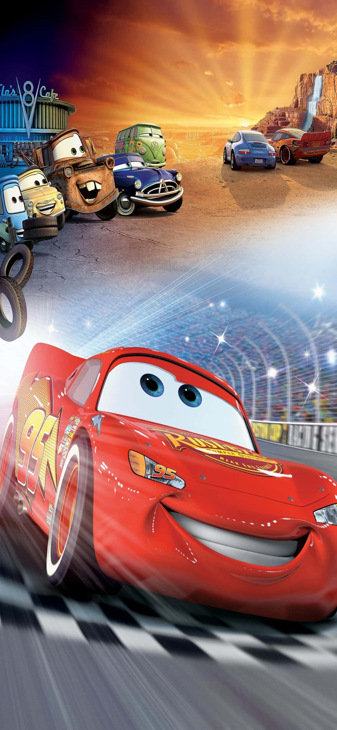 Piston Cup 勝利 iPhone X 賽車壁紙 壁紙 — 紅色賽車閃電王麥坤在金色夕陽下，帶著笑容衝過終點線，他的朋友們在維修區為他歡呼。
