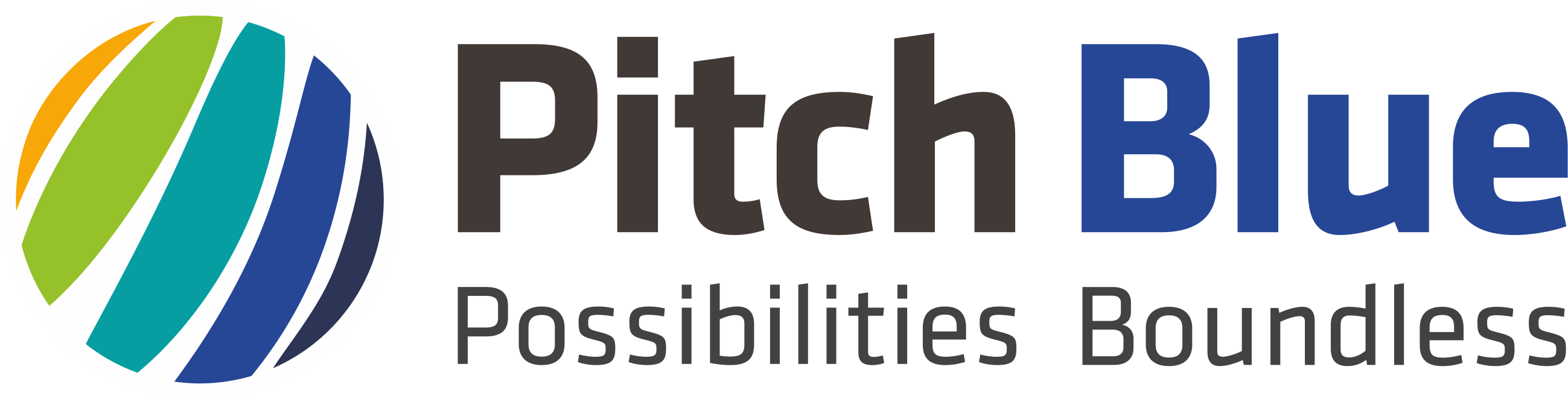 Pitch Blue 標誌設計 壁紙 — 一個現代標誌，帶有彩色條紋球體和粗體文字：Pitch Blue Possibilities Boundless。