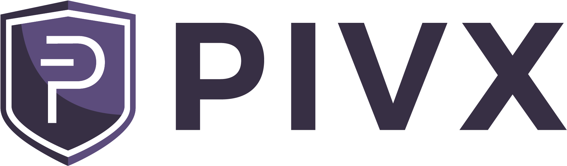 PIVX加密貨幣標誌 壁紙 — 一個時尚的紫色盾牌標誌，旁邊有一個風格化的P，旁邊是粗體現代字體的PIVX字樣。