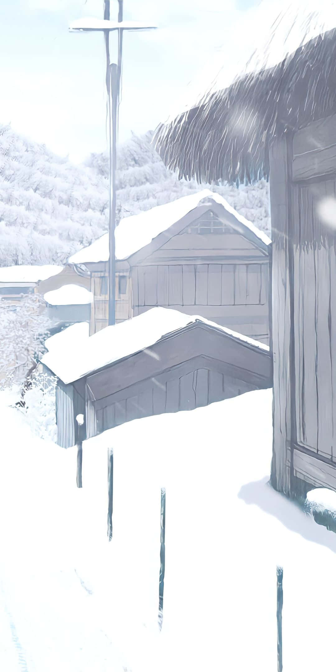 Pixel 3 冬日背景：覆雪木屋 壁紙 — 白雪覆蓋著寂靜冬日村莊中的質樸木屋和樹木，天空蒼白。