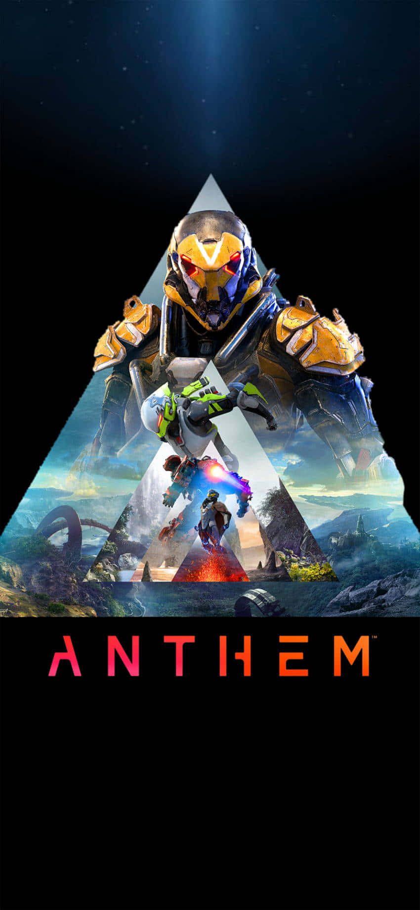 三角形概念海報，搭配 Pixel 3 Anthem 背景 壁紙 — 一個未來風格的裝甲戰士站在發光的金字塔頂端，揭示下方充滿活力的奇幻世界。