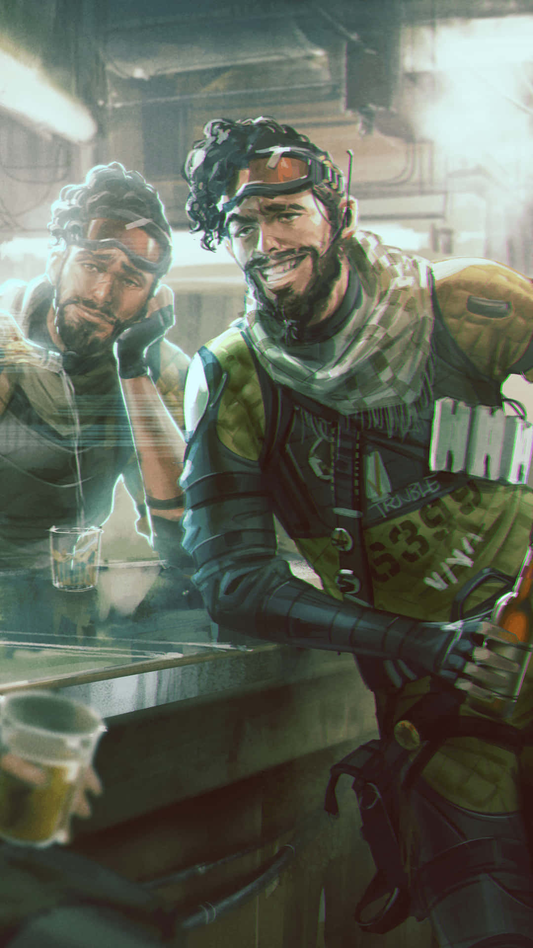 Pixel 3 Apex Legends 幻影飲酒背景 壁紙 — 兩名留鬍鬚的男子身穿戰術裝備，在燈光昏暗的酒吧裡放鬆，享受飲品和發光的燈光。