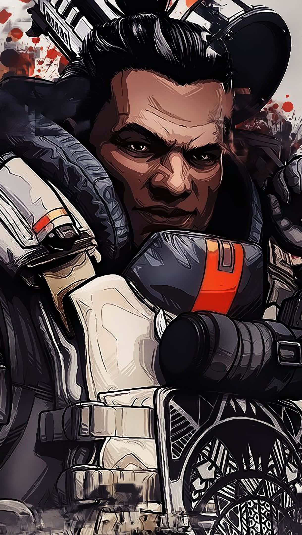 Pixel 3 Apex Legends 吉布提近距離背景 壁紙 — 一位身穿精細盔甲的兇猛戰士，在背景血跡斑斑中凝視著。