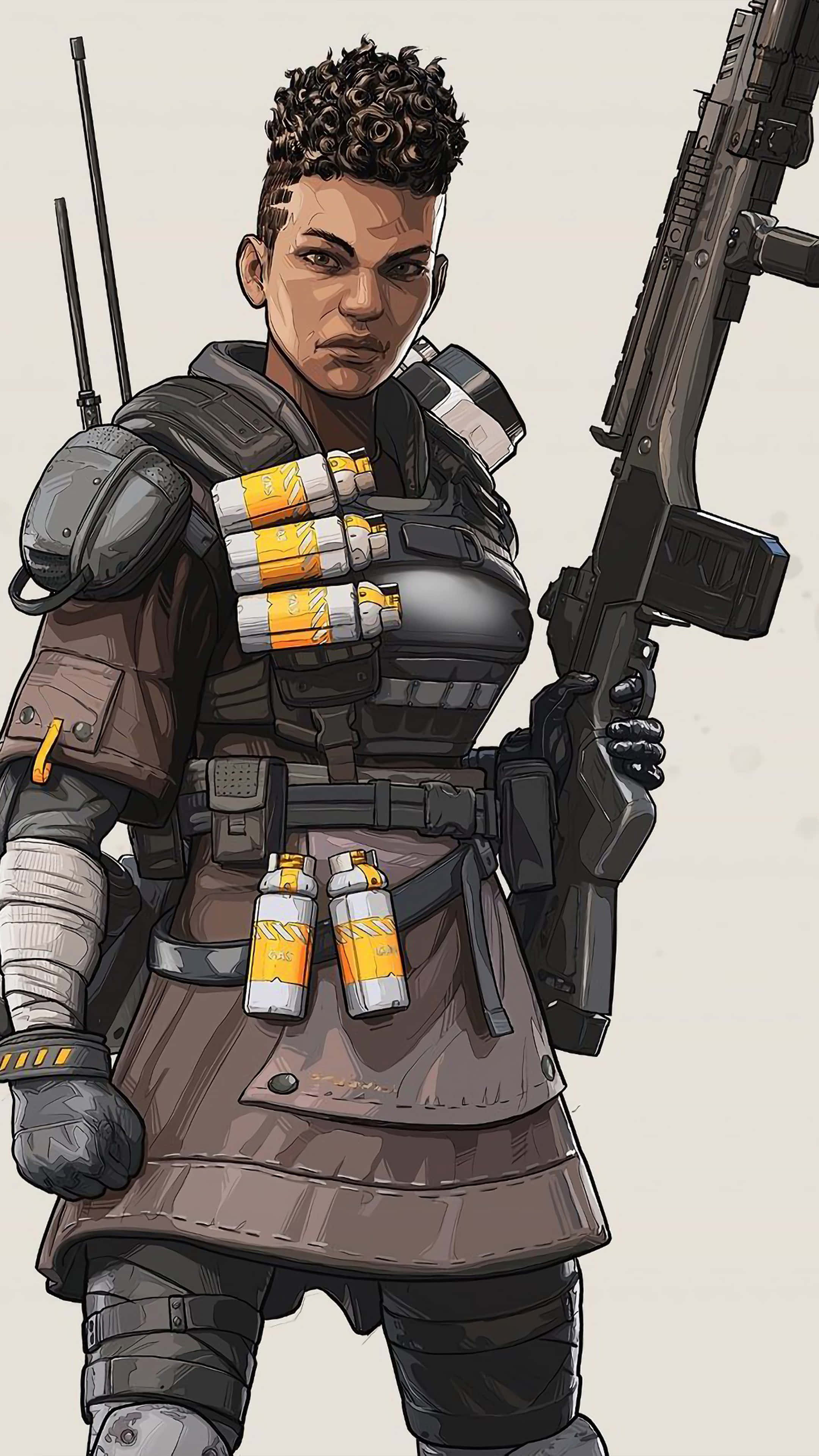 Pixel 3 Apex Legends Bangalore 背景 壁紙 — 一名兇猛的裝甲士兵，捲髮，手持步槍和手榴彈，背景簡單。