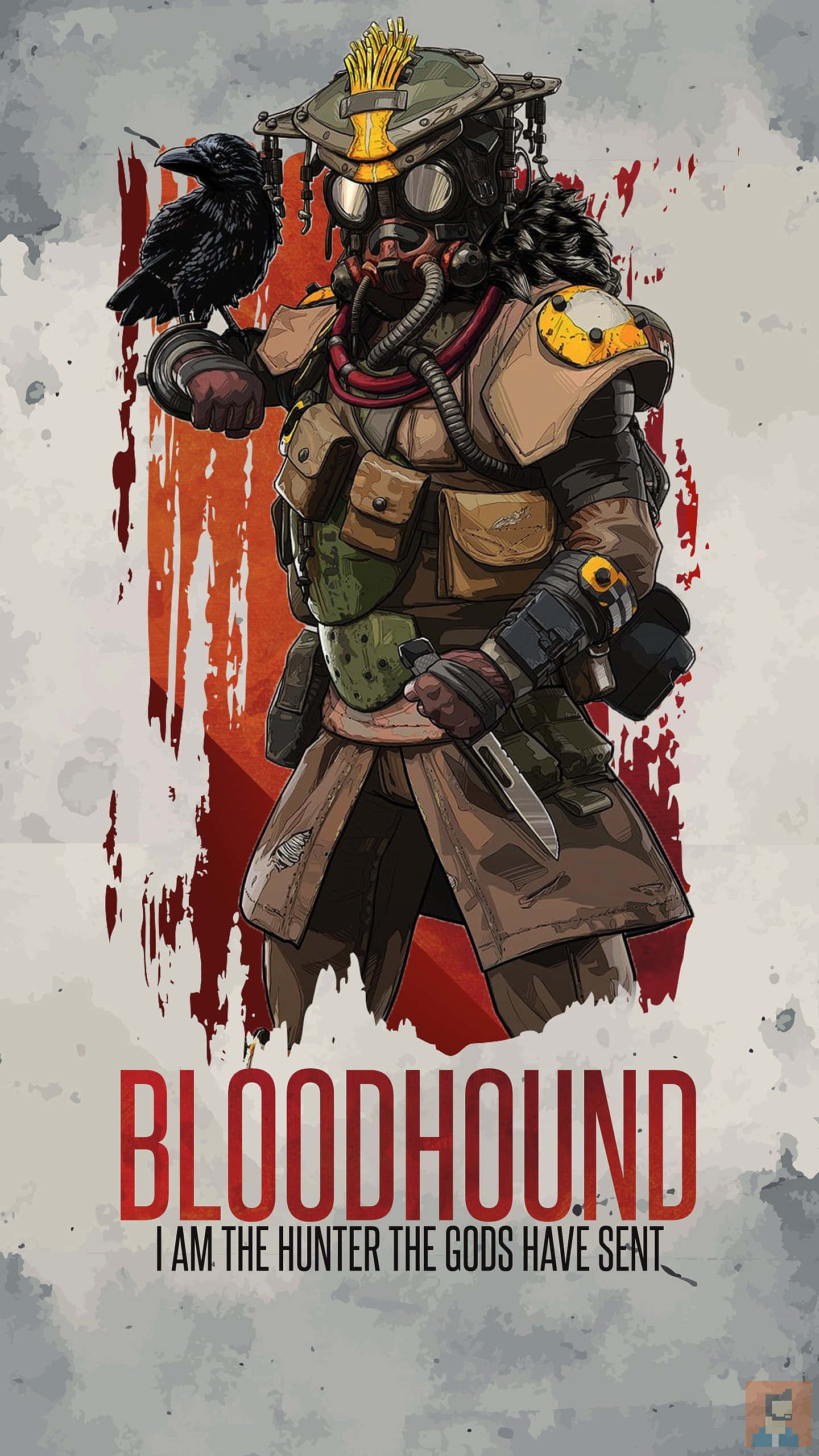 Pixel 3 Apex Legends 血hound海報背景 壁紙 — 一個粗獷的插畫戰士，戴著防毒面具和戰術裝備，握著一把刀，肩上棲著一隻烏鴉，背景是血跡斑斑。