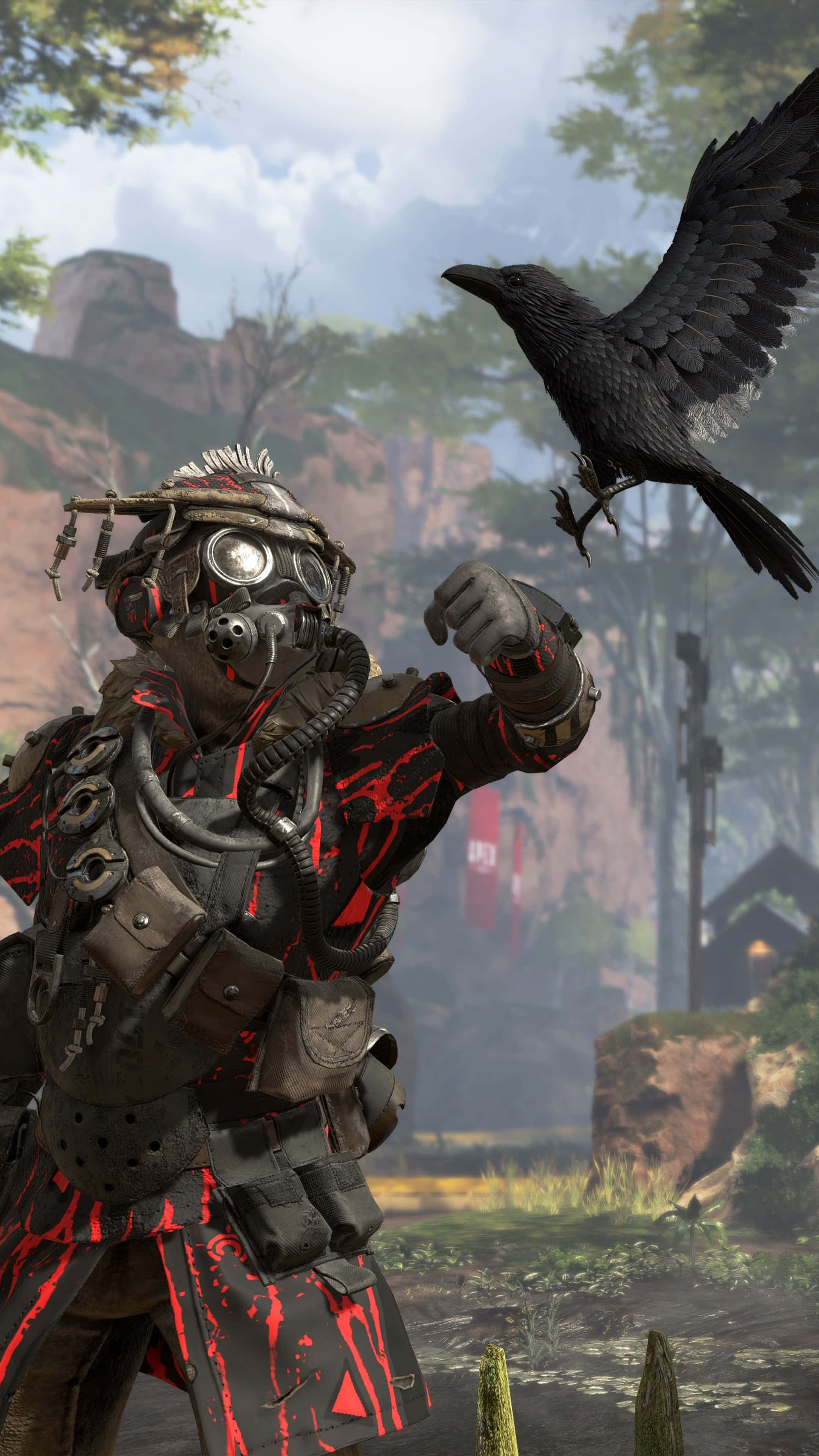 Pixel 3 Apex Legends Bloodhound 背景 壁紙 — 一個身穿重甲、戴著防毒面具、帶有紅色飛濺的人物，向一隻在霧氣瀰漫的森林空地中飛翔的黑烏鴉伸出手。