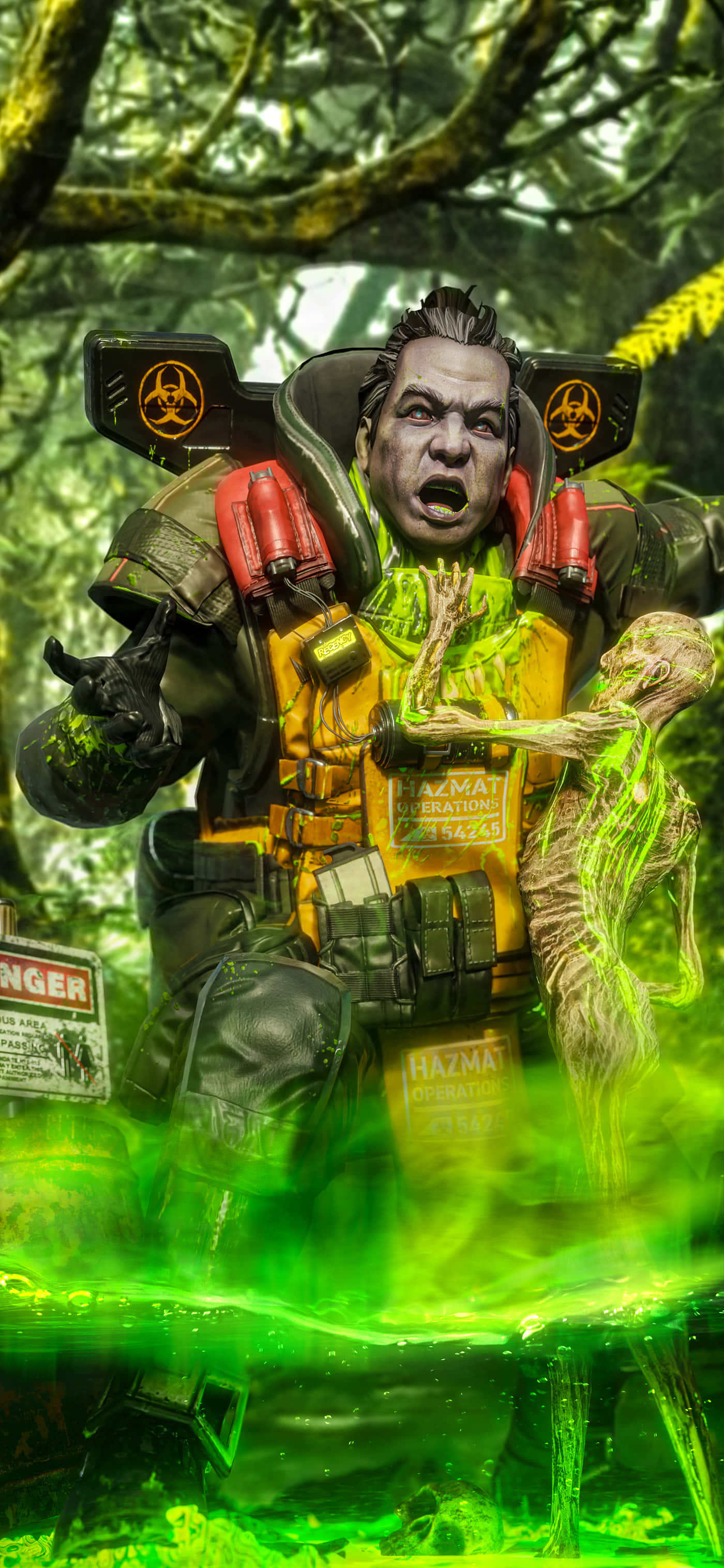 Pixel 3 Apex Legends Toxic Touch 背景 壁紙 — 一名穿著生化防護服的士兵在叢林中尖叫，綠色黏液從他的手臂和地面噴出。