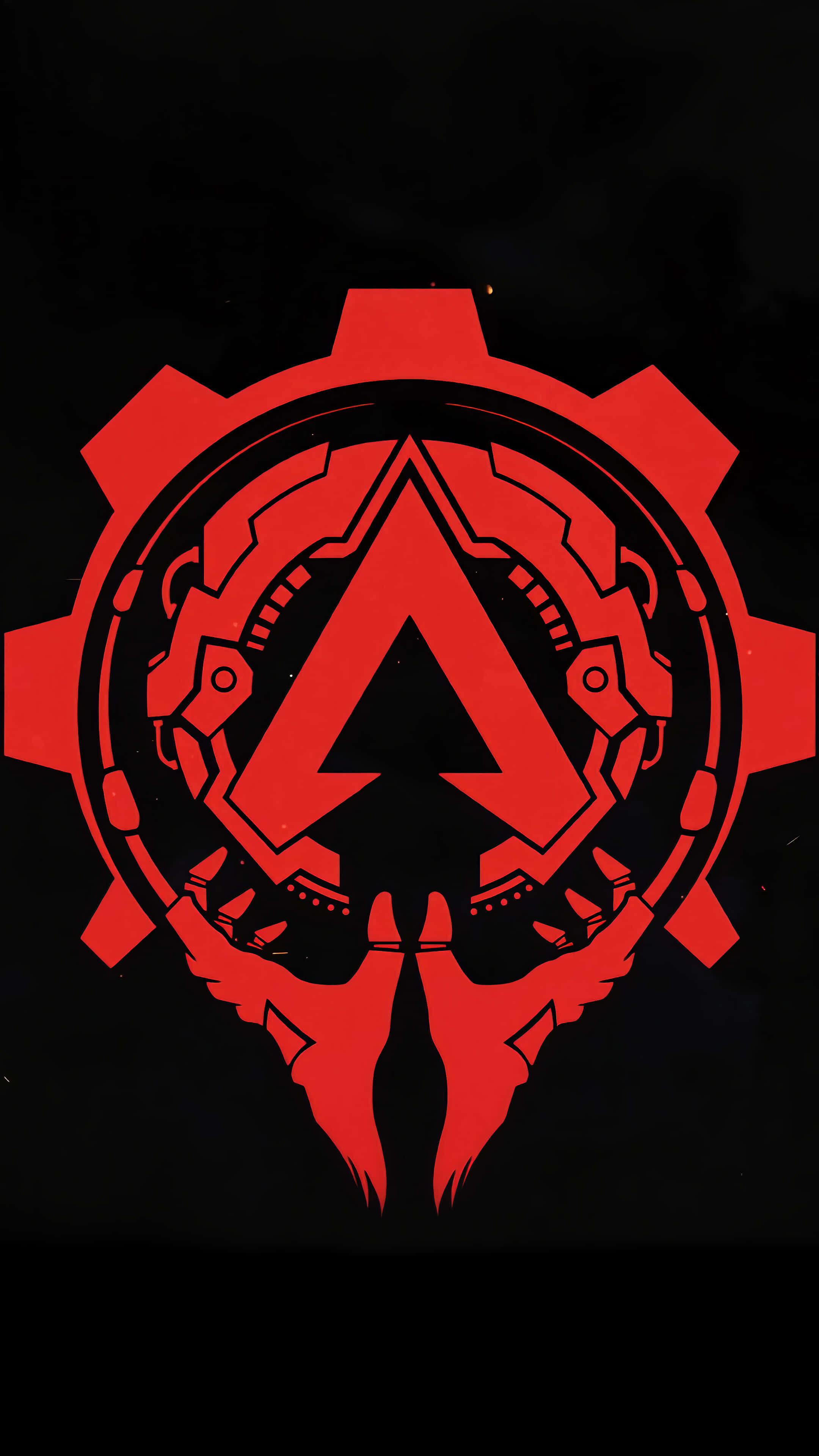 Pixel 3 Apex Legends 第四季 吸收背景 壁紙 — 一個大膽的紅色機械徽章，中央有三角形和齒輪狀設計，背景為黑色。