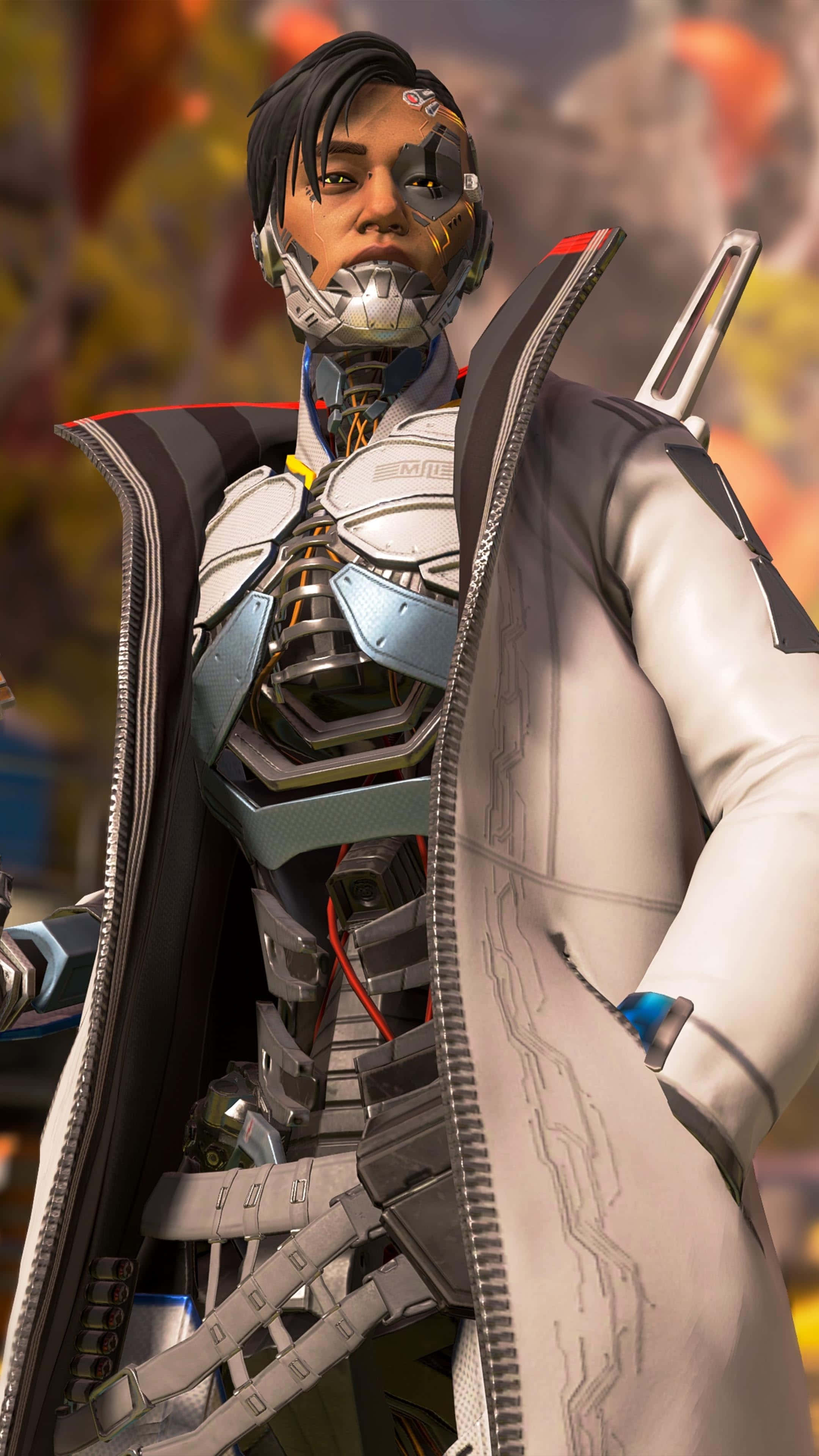 Pixel 3 Apex Legends Crypto 知識尋求者皮膚背景 壁紙 — 一個半面裝甲、露出機械內部的賽博格戰士，自信地站在未來場景中。