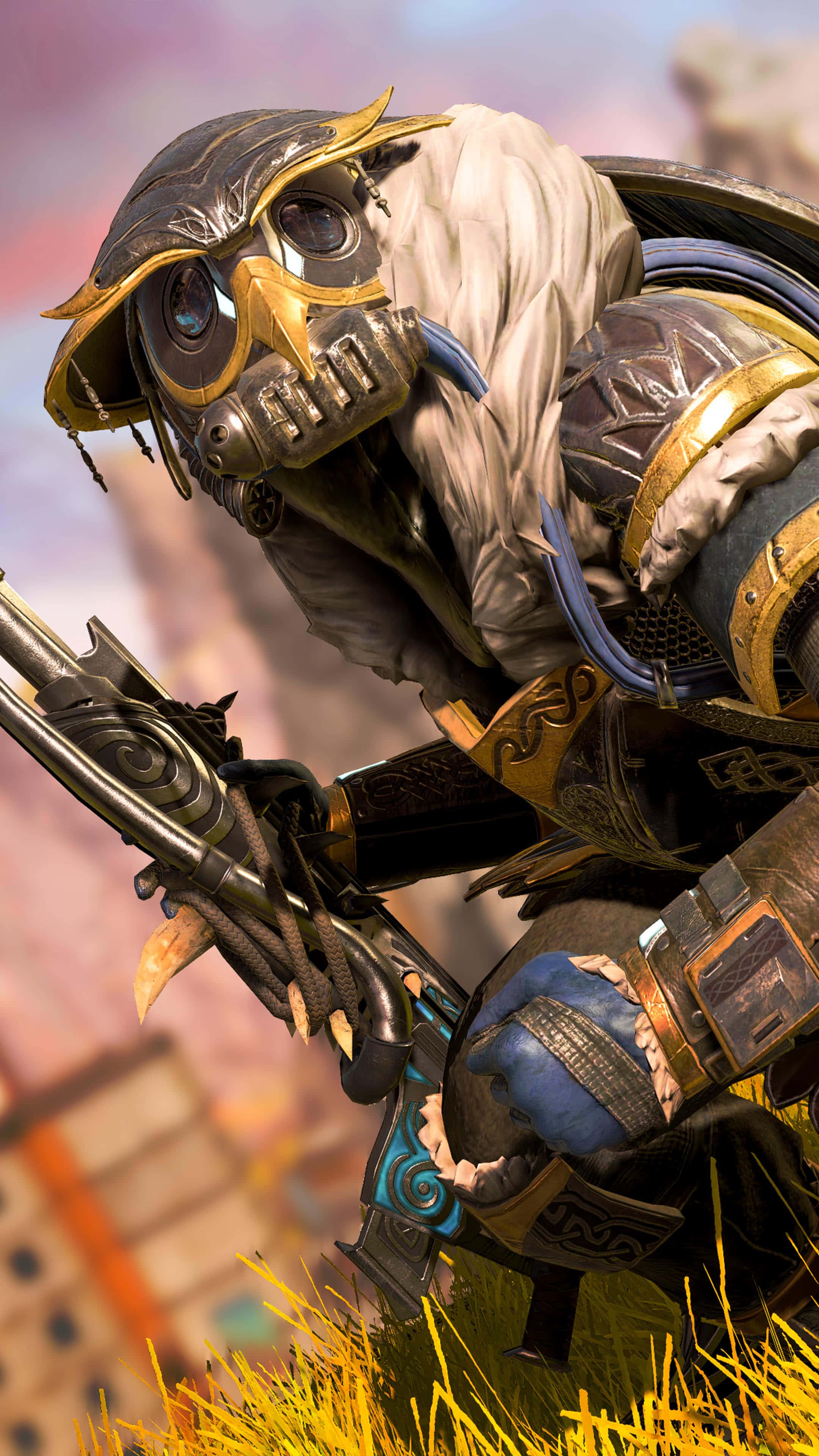 Pixel 3 Apex Legends 智者戰士背景 壁紙 — 一名身穿重甲、戴著金黑色頭盔的戰士蹲在高高的草叢中，手持未來武器。