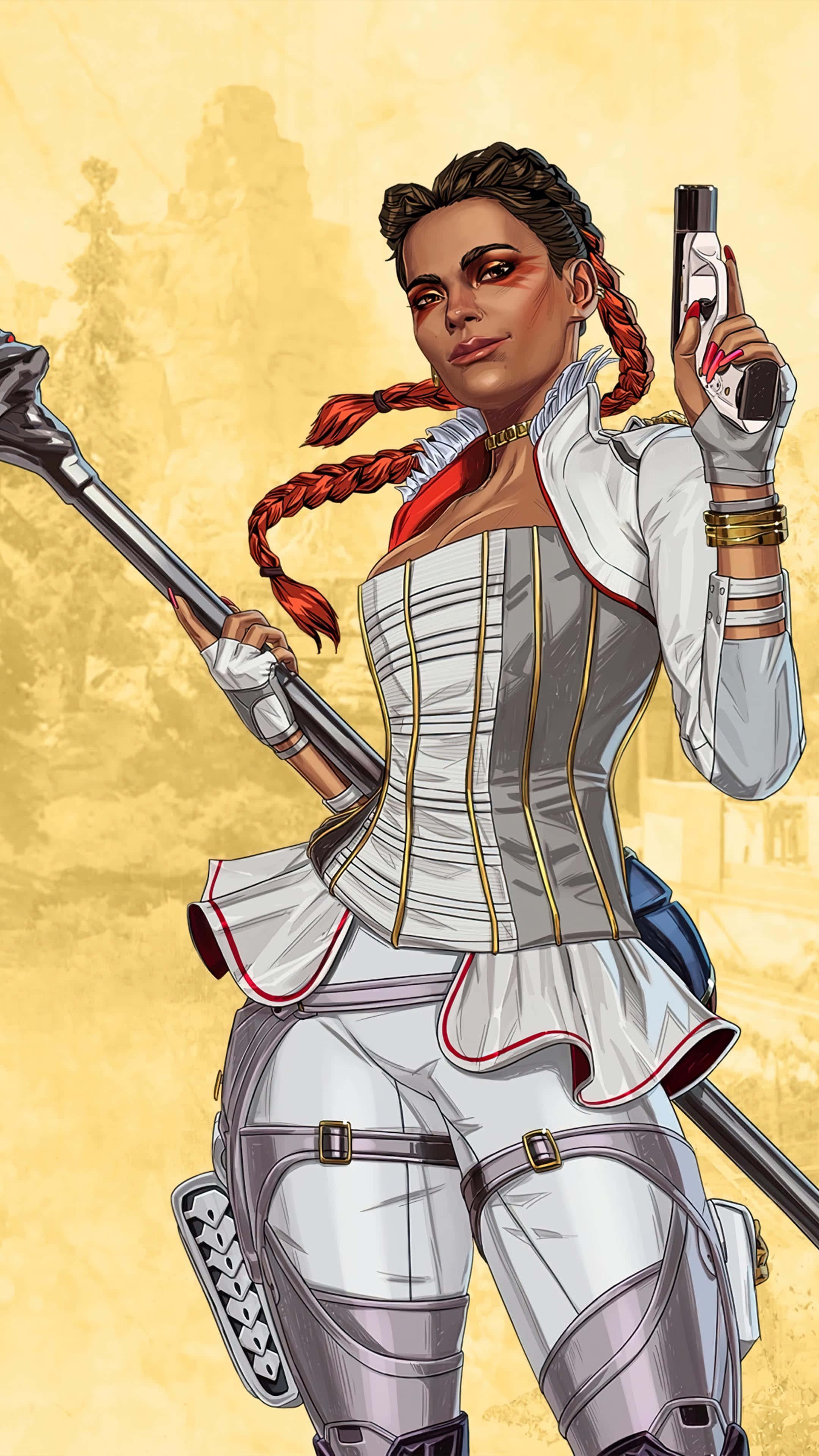 Pixel 3 Apex Legends 洛巴背景 壁紙 — 一位自信的紅辮子女戰士，在溫暖的黃色背景下揮舞著手槍和法杖。