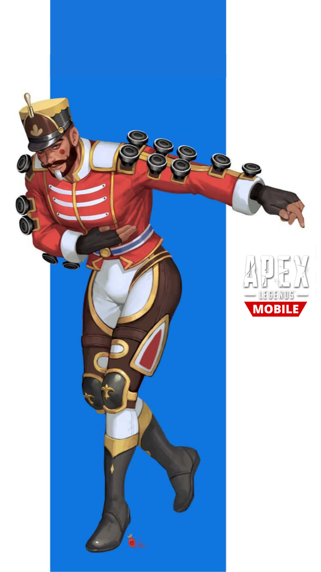 Pixel 3 Apex Legends 智者幻影背景 壁紙 — 一個以胡桃夾子為主題的Apex Legends角色，身穿紅、白、金色盔甲，背上裝有加農炮，在藍白背景前動感地擺出姿勢。