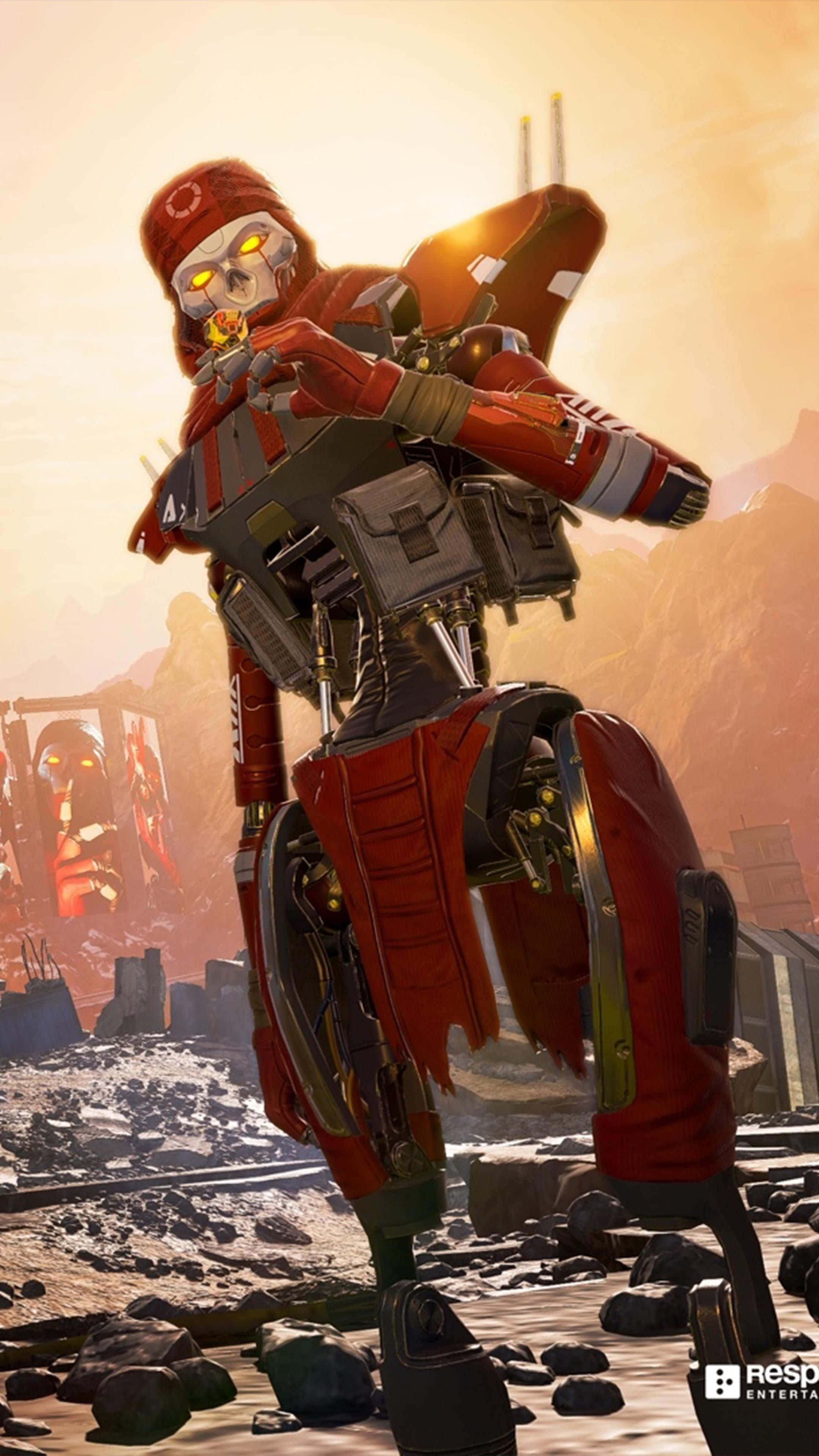 Pixel 3 Apex Legends 還魂者重生背景 壁紙 — 一個紅色裝甲骷髏戰士站在岩石荒地，背景是閃耀的日落天空。