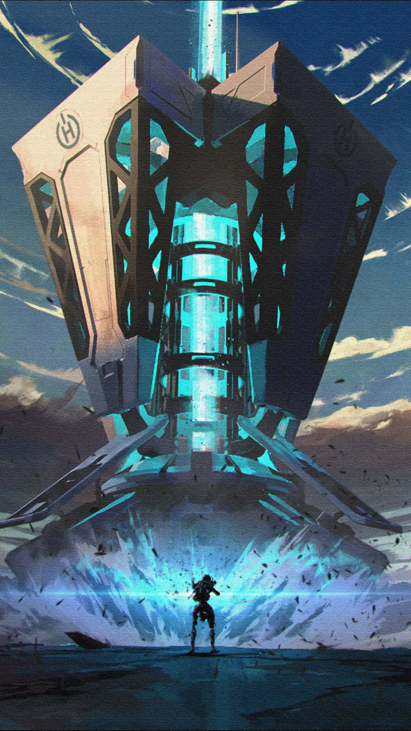 Pixel 3 Apex Legends 哈蒙德機械公司背景 壁紙 — 一個孤獨的身影站在一座高聳的藍色科幻建築前，該建築發出光芒，刺破戲劇性的暮色天空。