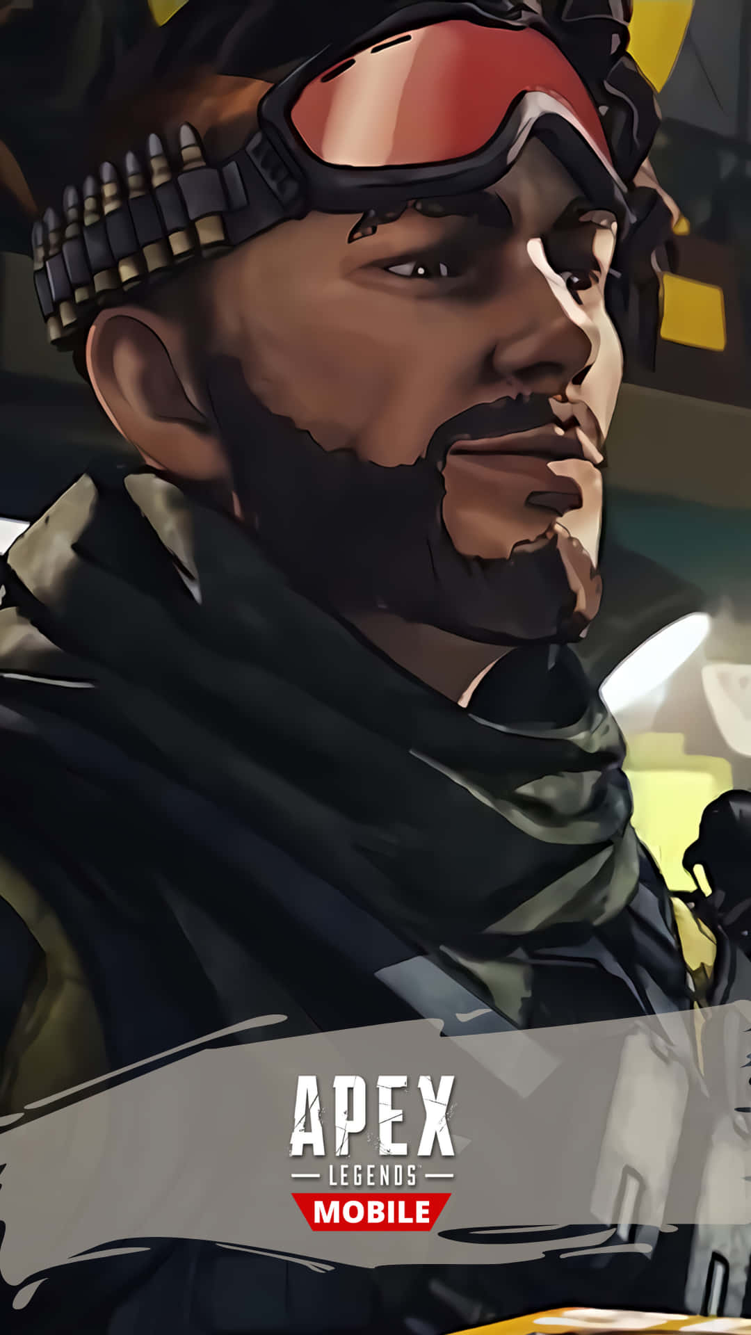 Pixel 3 Apex Legends Mobile Mirage 背景 壁紙 — 來自《Apex Legends Mobile》嘅粗獷插畫肖像，描繪一位留鬍鬚嘅士兵，戴住護目鏡同彈藥帶。