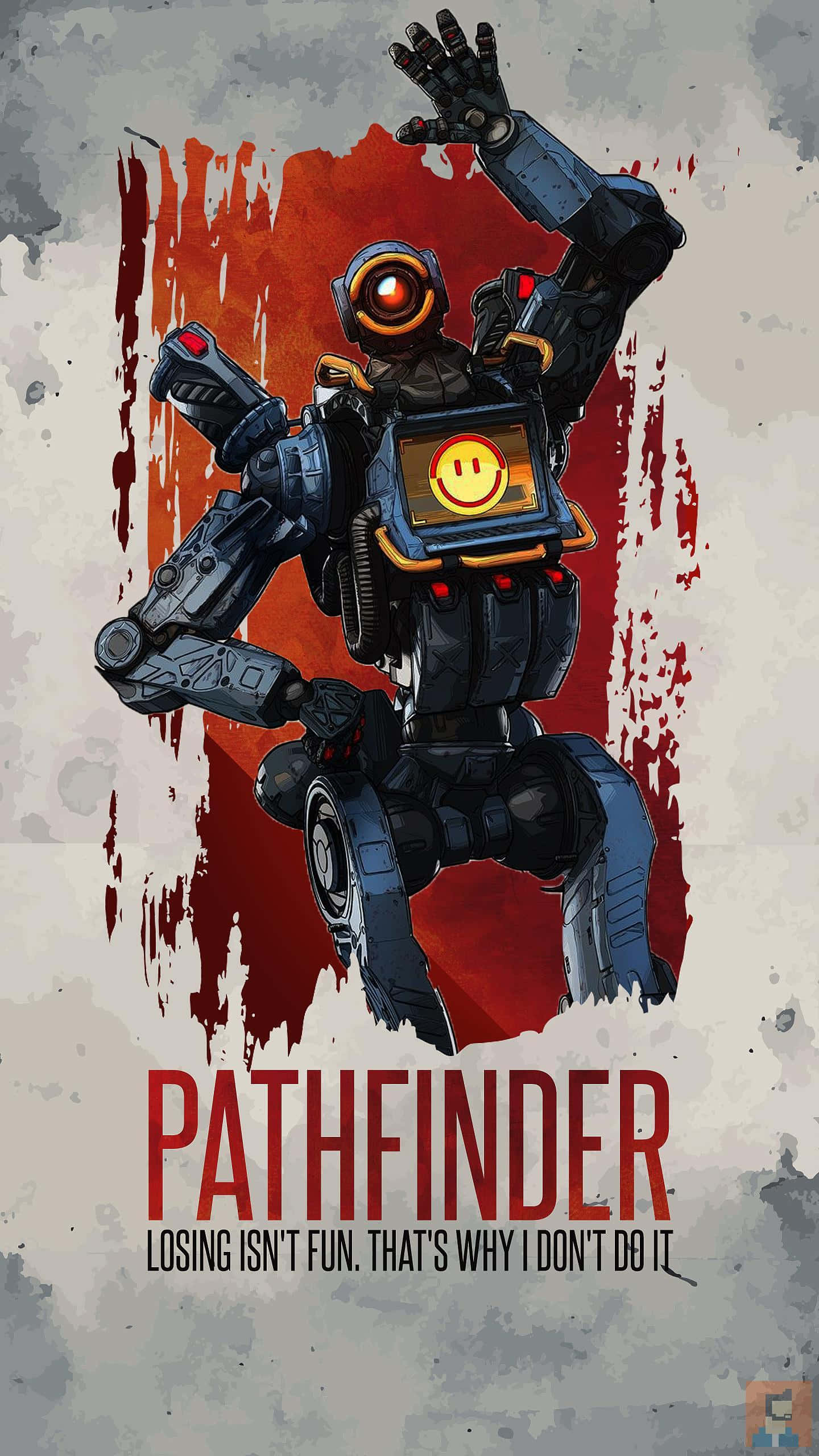 Pixel 3《Apex英雄》Pathfinder海報背景 壁紙 — 一個風格化的機械人，帶有發光的笑臉胸甲和舉起的拳頭，站在紅色飛濺背景前。