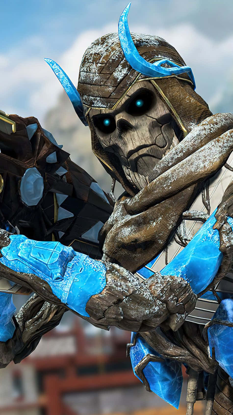 Pixel 3《Apex英雄》Revenant Frost Ancient背景 壁紙 — 一個威脅性的骷髏戰士，擁有發光的藍色眼睛和冰藍色盔甲，在陰雲密布的天空下準備戰鬥。