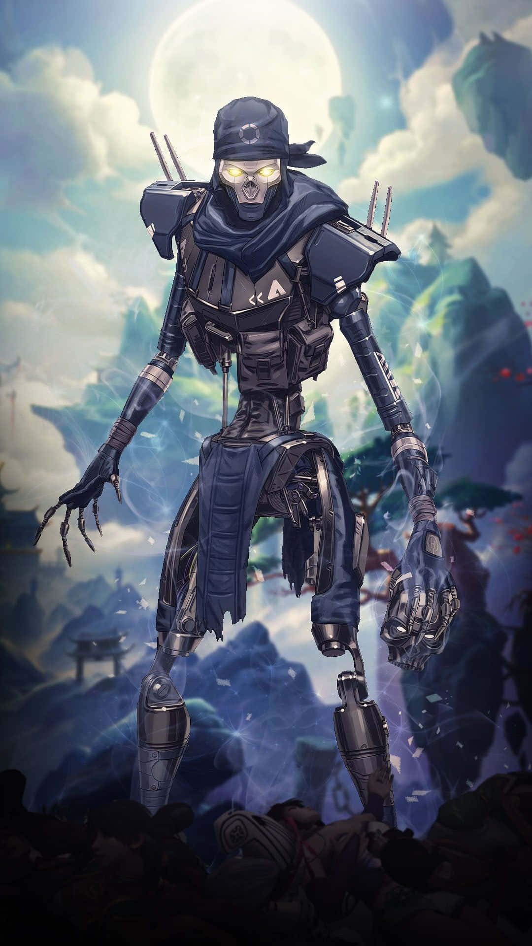 Pixel 3《Apex英雄》Revenant Blight Walker背景 壁紙 — 一個身穿暗黑盔甲的可怕骷髏戰士，在發光的滿月下站在戰場上。