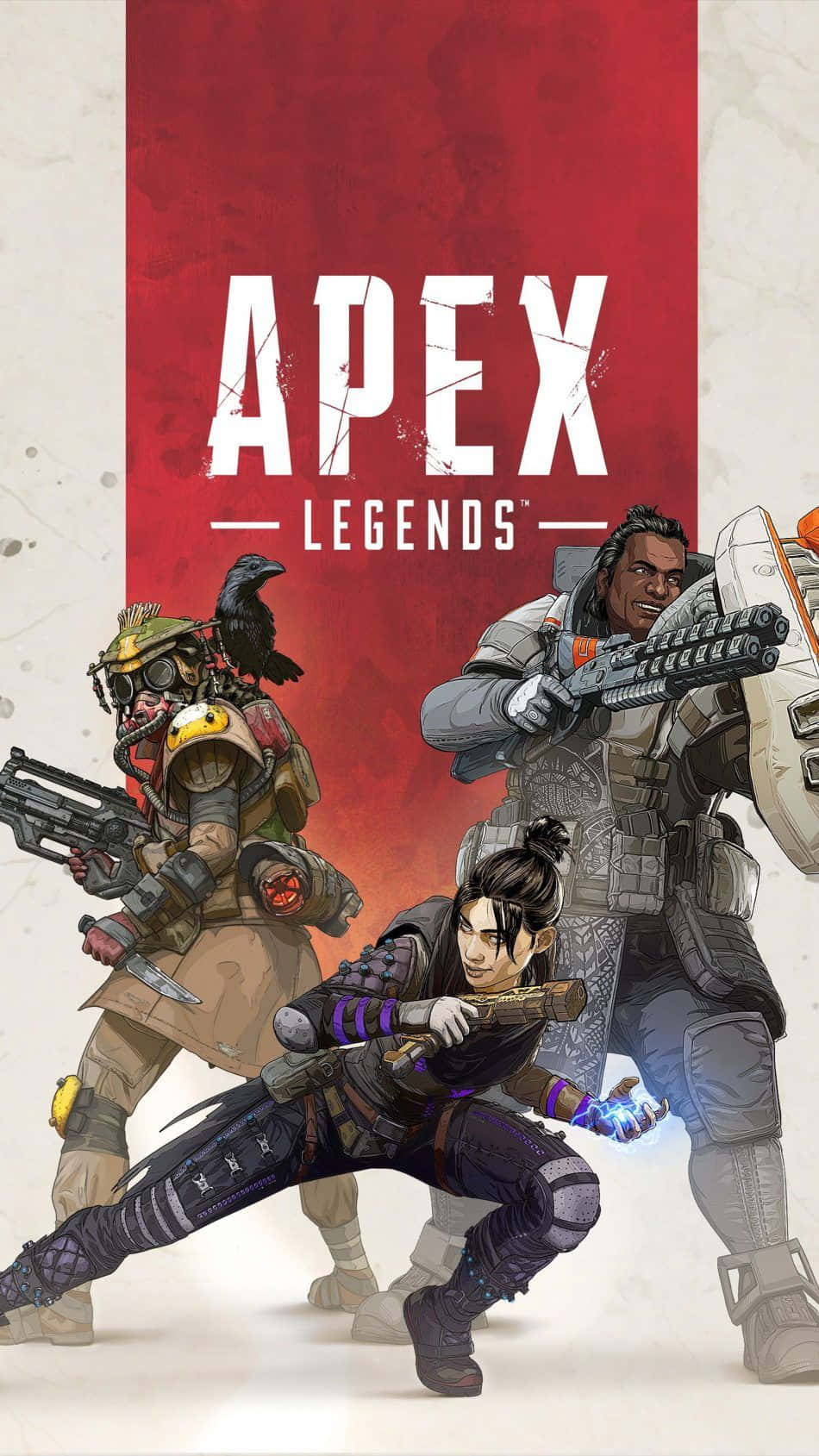 Pixel 3《Apex英雄》官方封面背景 壁紙 — 三個身穿裝甲的Apex Legends角色，在鮮明的紅白背景下擺出動態戰鬥姿勢。