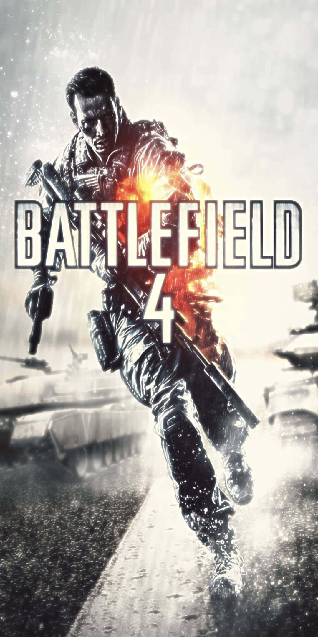 Pixel 3 Battlefield 4 遊戲封面背景 壁紙 — 一名身穿戰鬥裝備的士兵在戰火摧殘的戰場上衝刺，背景有爆炸和坦克。
