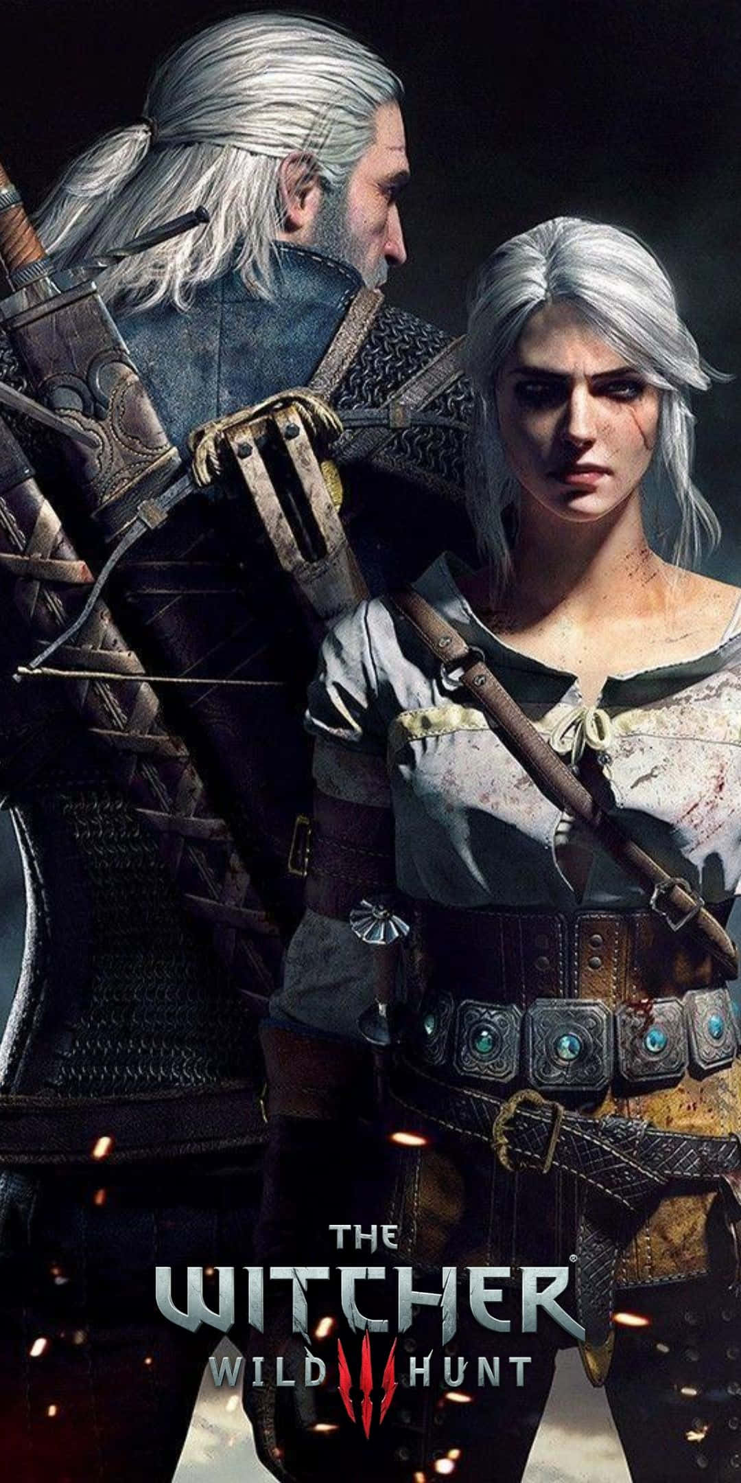 化身巫師，以 Pixel 3 出發冒險 壁紙 — 兩位銀髮戰士身穿精細盔甲，站在一個黑暗、粗獷的場景中，周圍火花四濺。