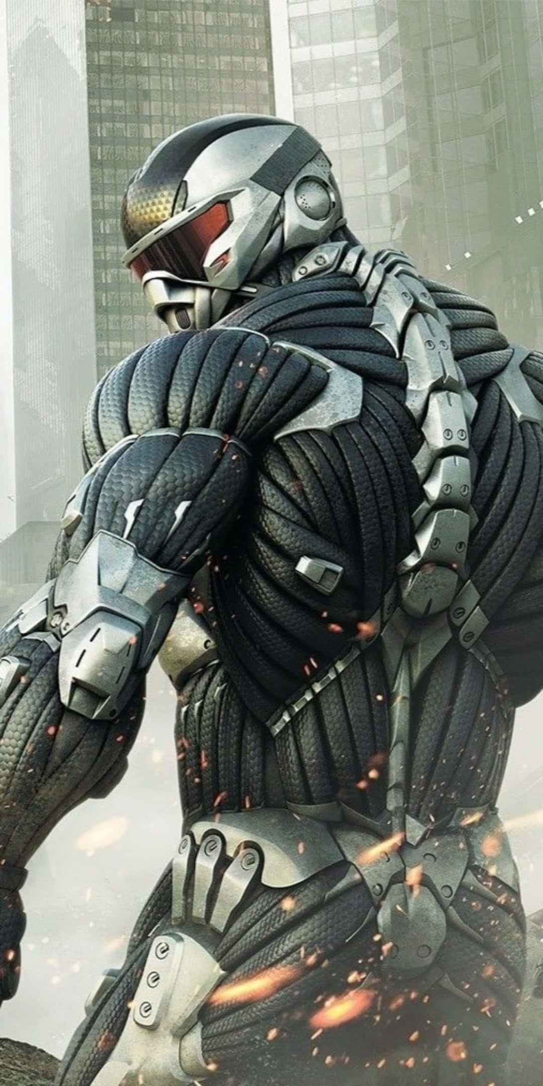 「Pixel 3 Crysis 3 —— 震撼科幻遊戲冒險」 壁紙 — 一個未來風格的裝甲戰士站在煙霧瀰漫的城市峽谷中，火花在他飽經戰鬥的戰衣周圍飛舞。