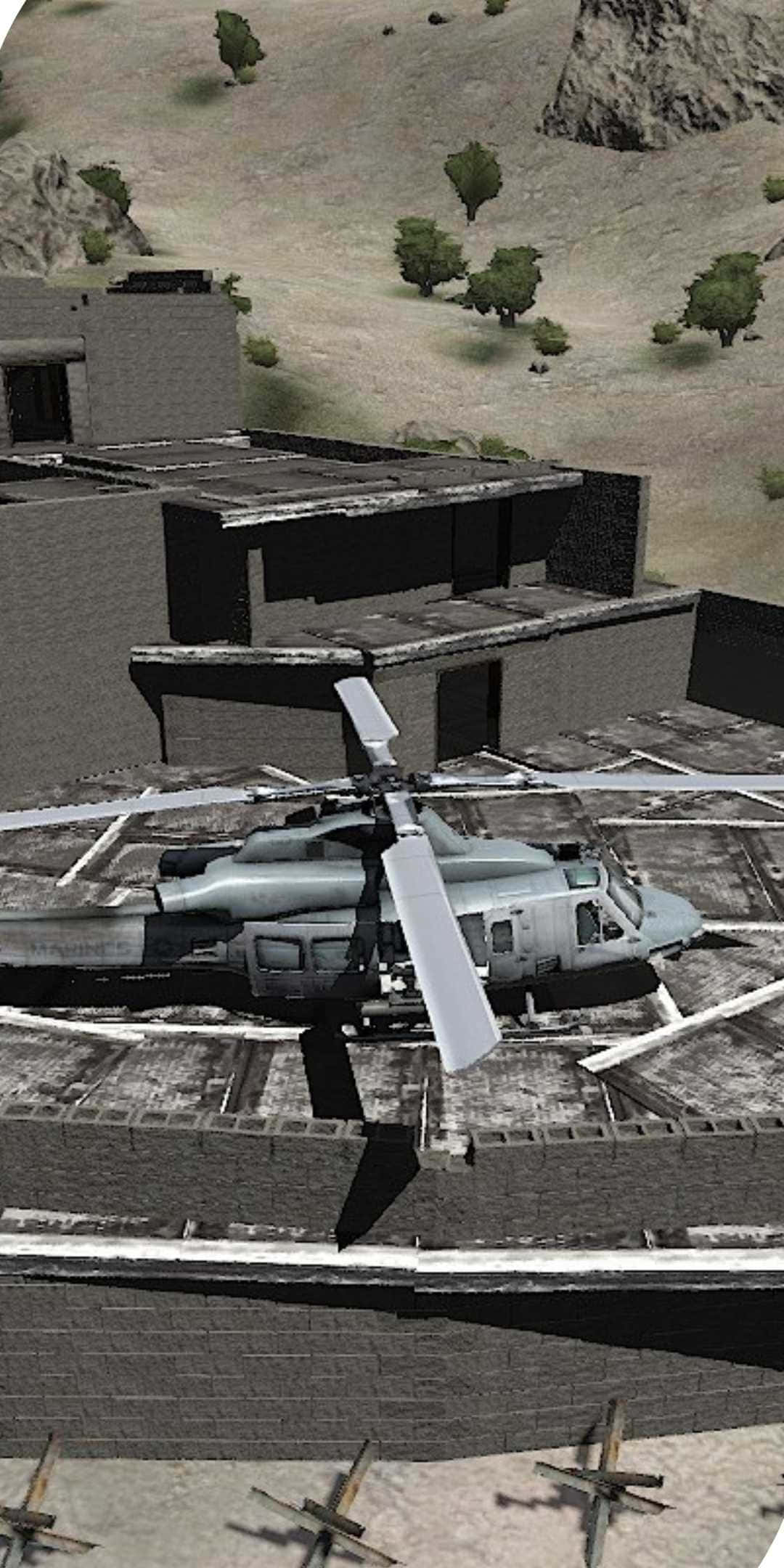 Pixel 3 Dayz Epoch Mod 背景：陸地飛機與樹木 壁紙 — 一架軍用直升機停喺屋頂上，周圍係荒涼嘅城市景觀，有零星樹木同岩石地形。