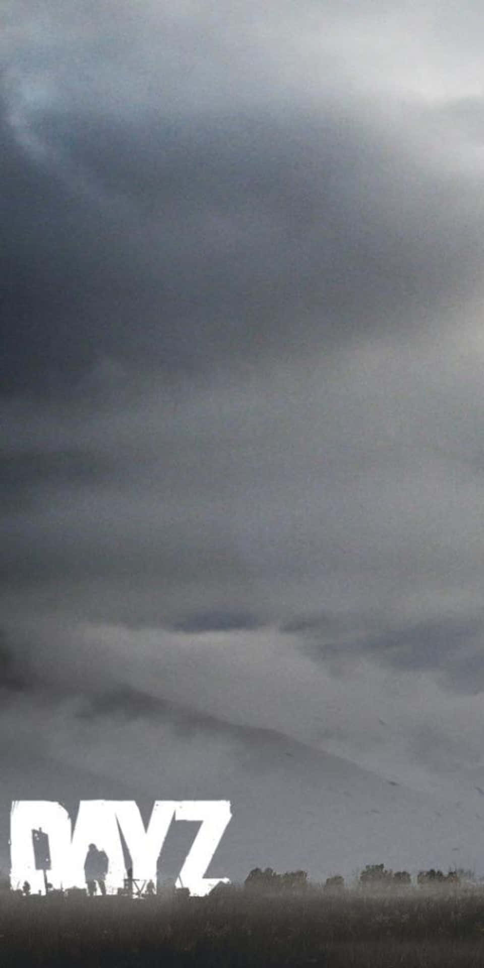 暴風雨的天空，粗體白色文字 DAYZ 和荒蕪田野中的剪影。