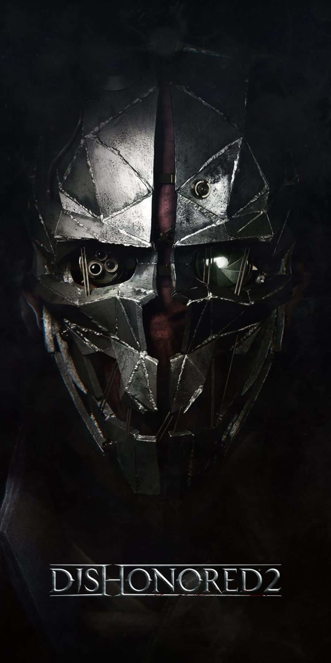 攜手 Pixel 3 與 Dishonored 2，探索首爾的隱秘之謎 壁紙 — 一個帶有發光眼睛和裂紋盔甲的威脅性金屬面具，主宰著黑暗煙霧繚繞的背景。