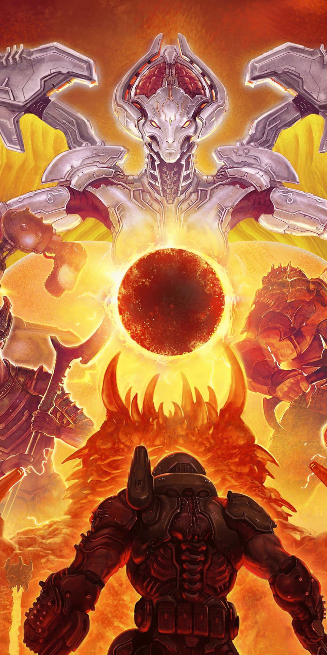 以高解析度體驗 Pixel 3 上的《Doom》遊戲 壁紙 — 一名身穿盔甲的戰士在熾熱的橙色和黃色火焰及發光球體中，面對一座高聳的機械神祇。