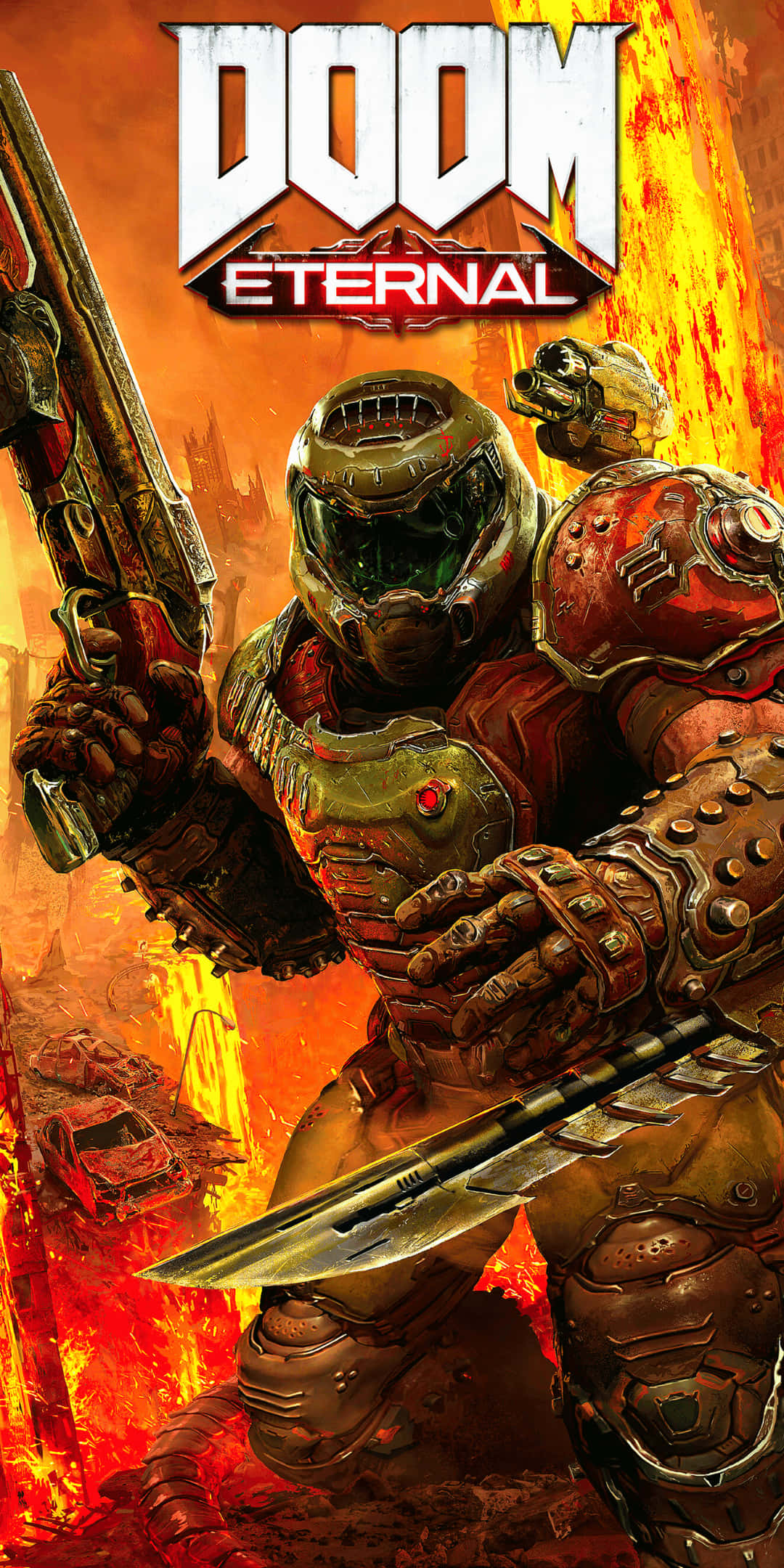 Pixel 3 Doom - 準備迎接震撼戰鬥！ 壁紙 — 一名重裝戰士在燃燒的汽車和火熱的末日背景下揮舞著霰彈槍和電鋸。