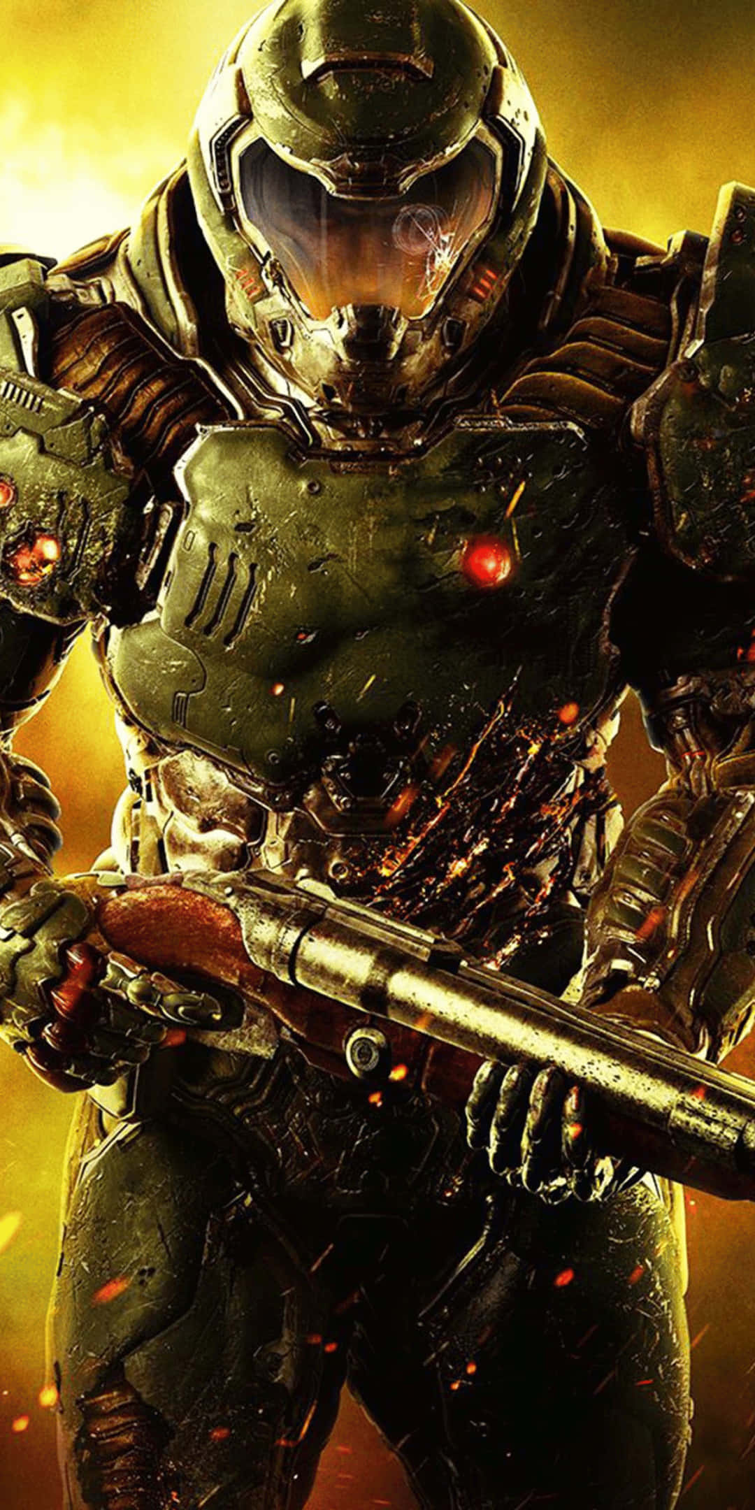 Pixel 3 Doom - 色彩繽紛的數位世界 壁紙 — 一名重裝士兵在發光的黃色戰場上，在飛濺的火花和碎片中手持霰彈槍。
