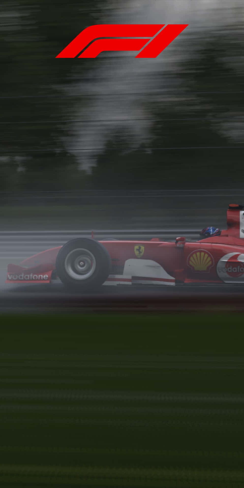 紅色法拉利F1賽車在潮濕賽道上以動態模糊效果疾馳。