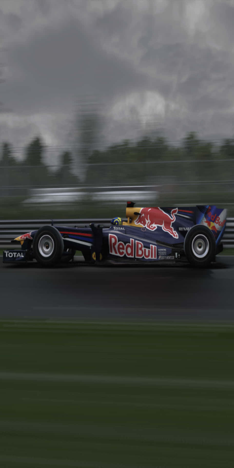 紅牛F1賽車在潮濕賽道上以動態模糊疾馳