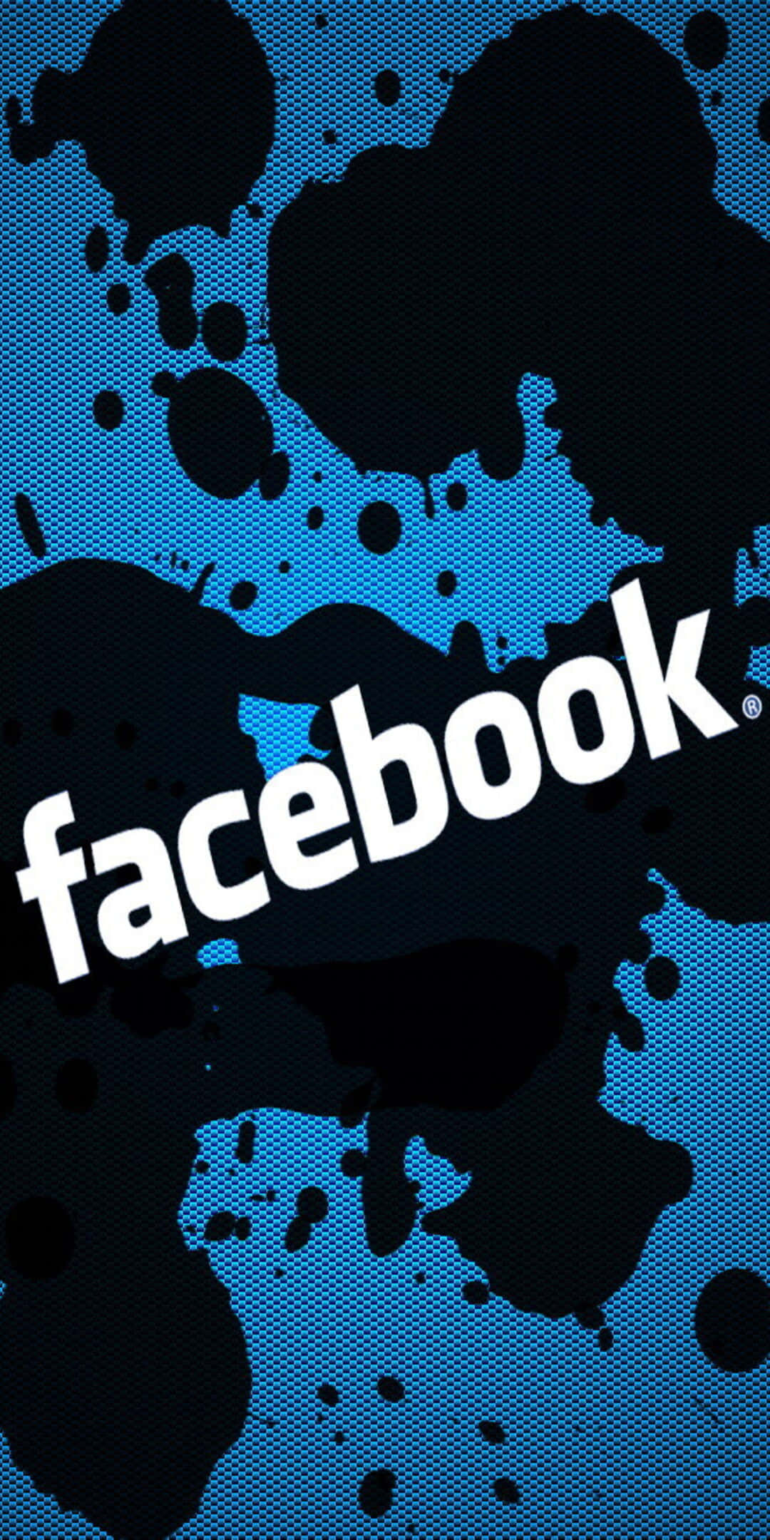 Pixel 3 Facebook 社交媒體數位藝術背景 壁紙 — Facebook 標誌以白色文字顯示在帶有黑色墨水飛濺的藍色紋理背景上。
