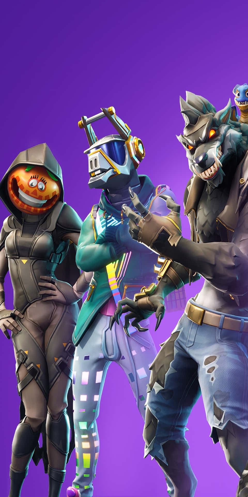 三個《Fortnite》遊戲角色穿著萬聖節服裝一起擺姿勢。