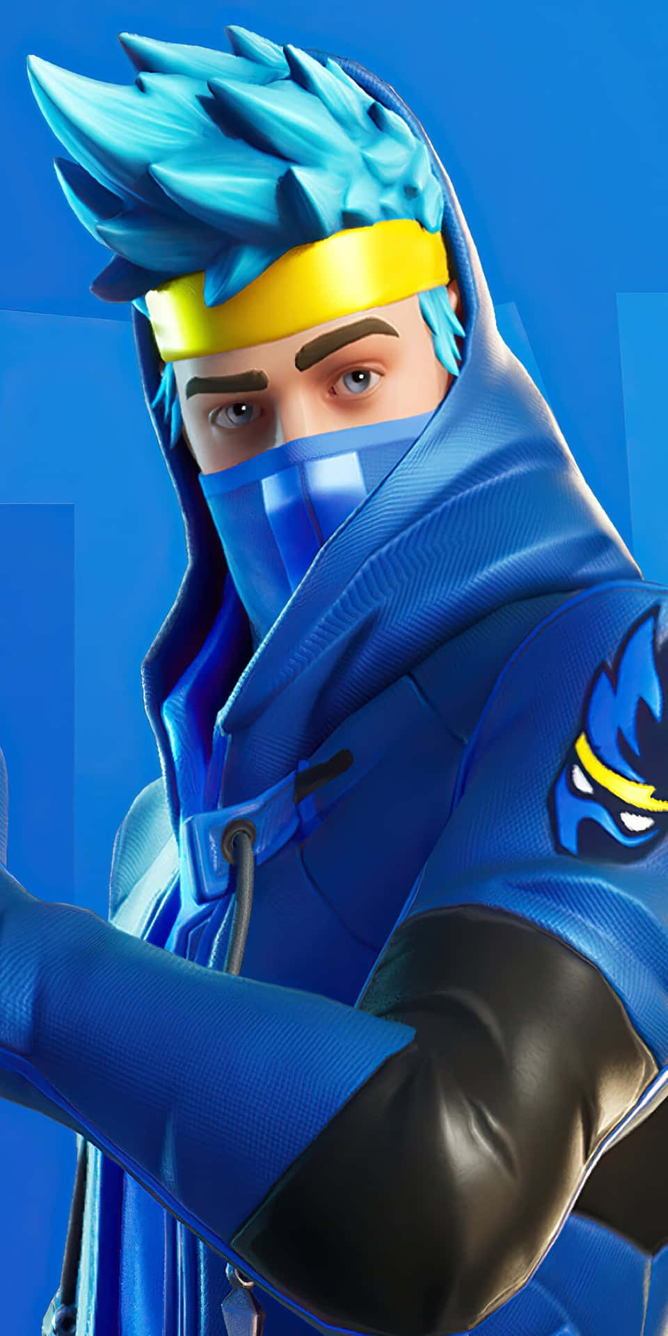穿著藍色連帽衫和面具的 Fortnite 忍者角色