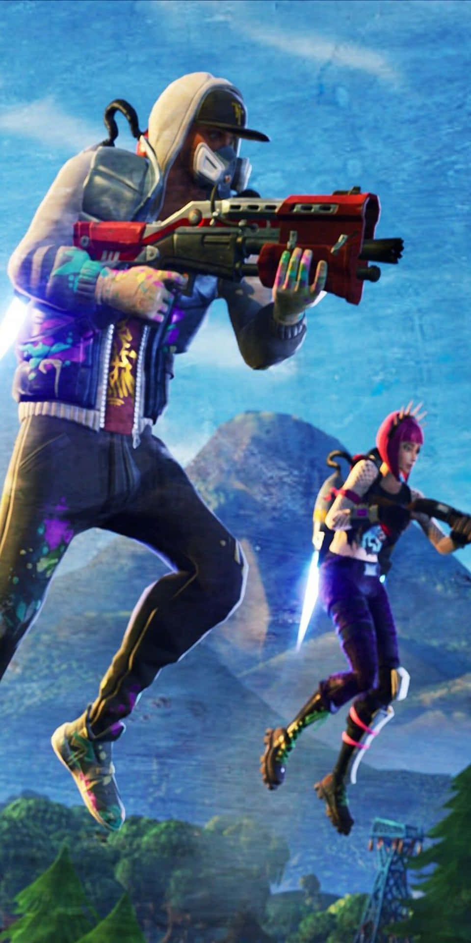 兩個 Fortnite 玩家在山脈景觀上空進行空中戰鬥，手持發光武器。