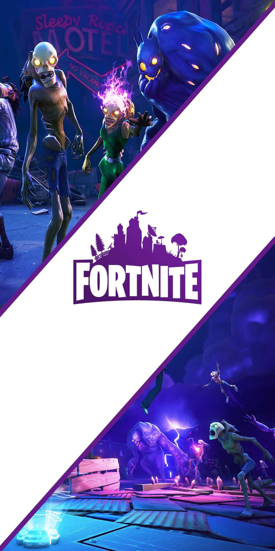 Fortnite 遊戲場景，帶有發光的殭屍角色和霓虹燈光。