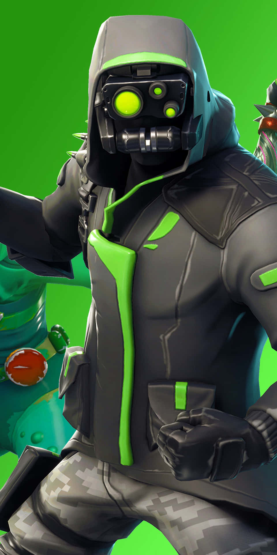 穿著黑色和綠色服裝、眼睛發光的 Fortnite 角色。
