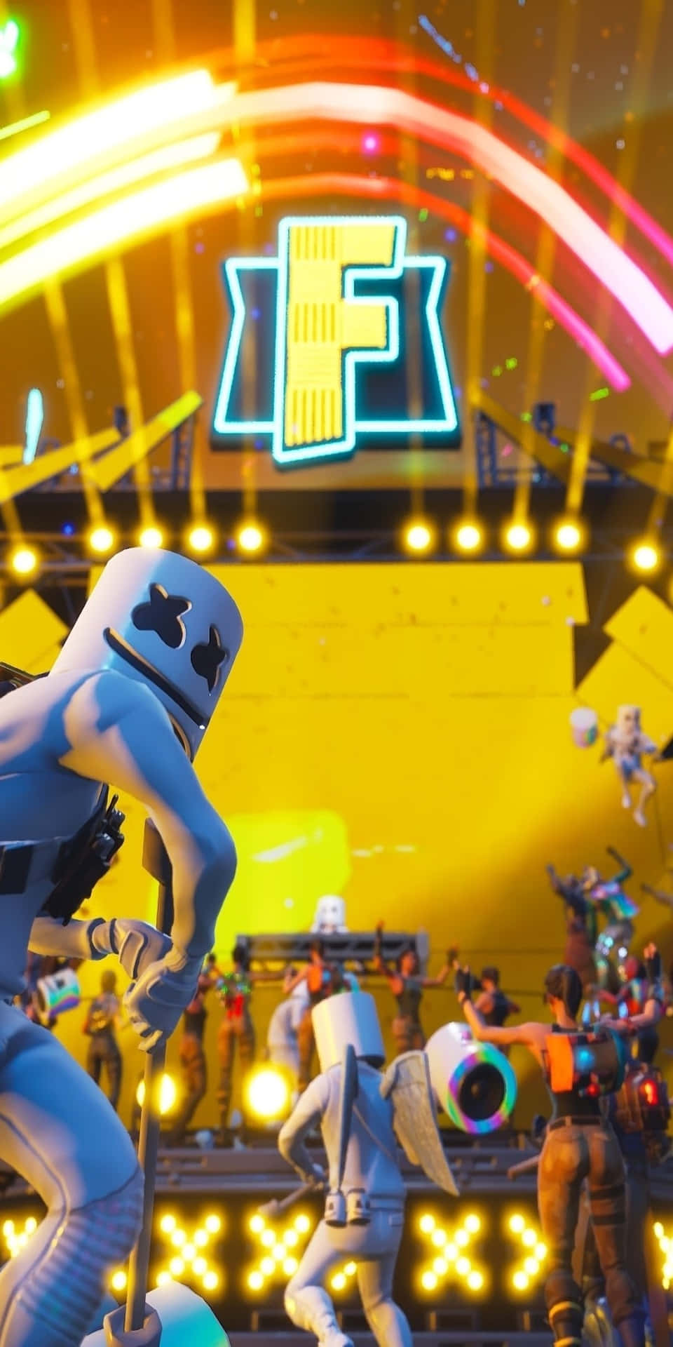 Fortnite角色在帶有發光 'F' 標誌的霓虹燈音樂會舞台上跳舞。