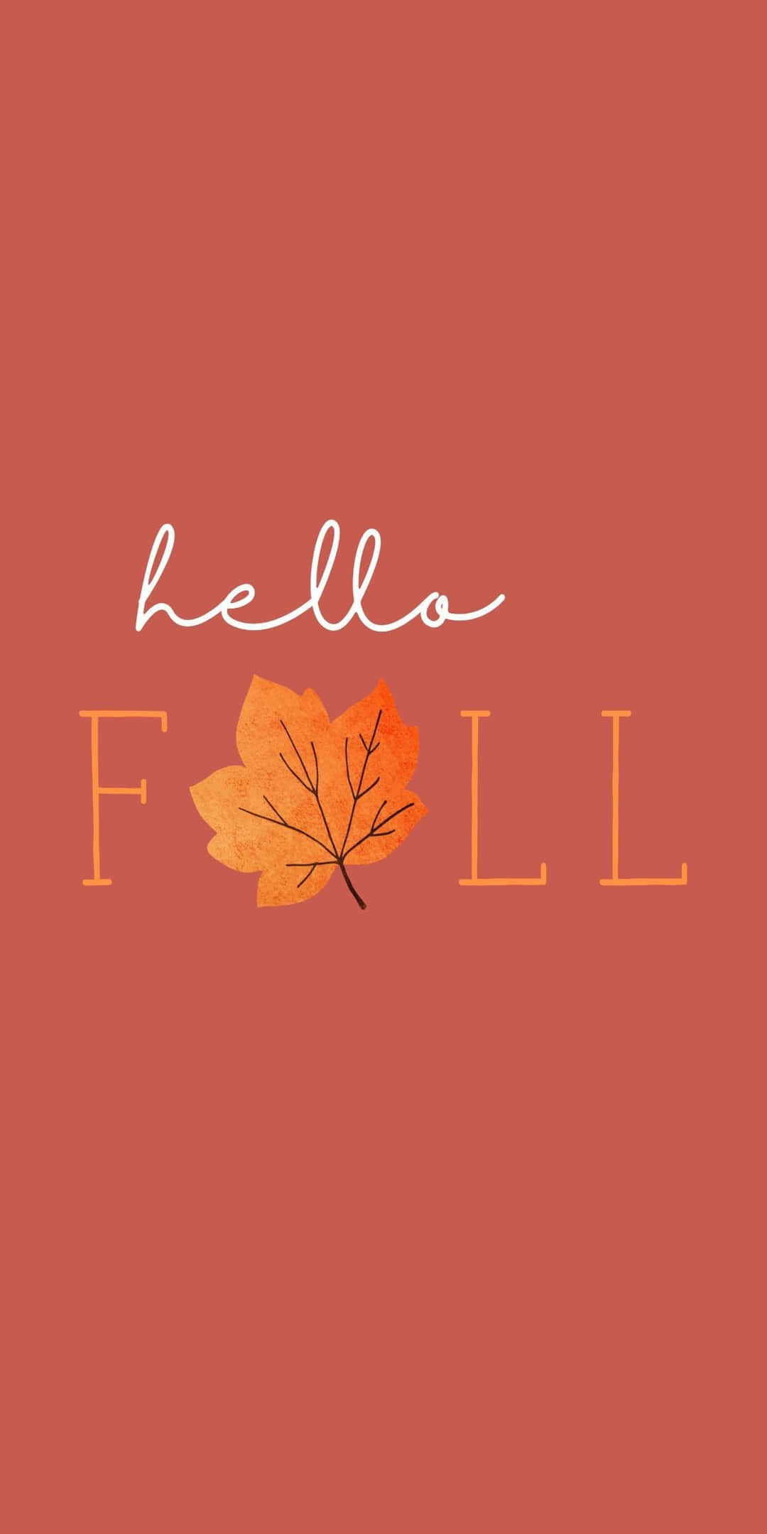 Pixel 3 秋季背景：粉紅色「Hella fall」字樣 壁紙 — 溫暖的陶土背景上，白色字體寫著「你好」在「秋天」一詞上方，其中字母o被橙色的楓葉取代。