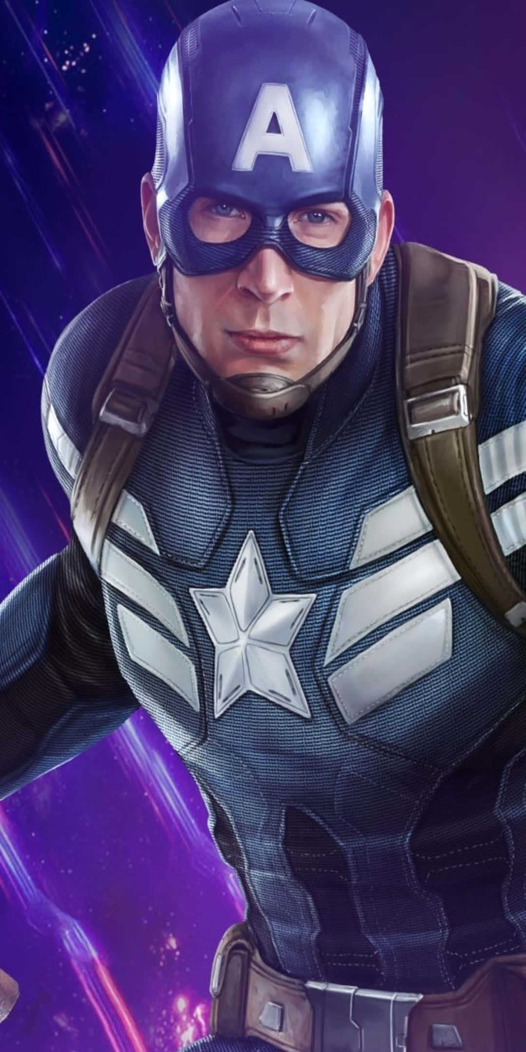 Pixel 3 MCU 美國隊長英雄背景 壁紙 — 美國隊長身穿標誌性的藍白戰衣，在充滿活力的宇宙紫色和粉紅色星雲背景下屹立不倒。