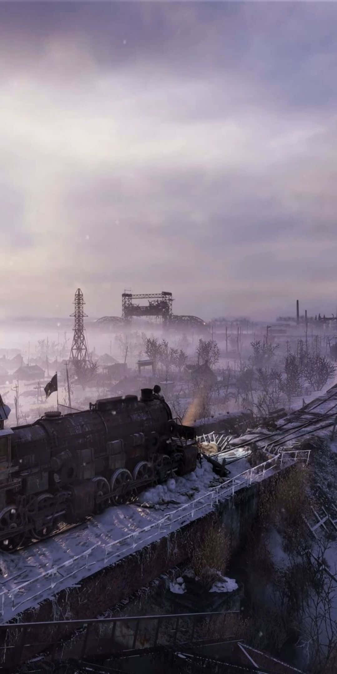 Pixel 3《Metro 2033》遊戲列車雪景背景 壁紙 — 一輛蒸汽火車頭在灰濛濛的多雲天空下，穿過白雪覆蓋的工業廢地。